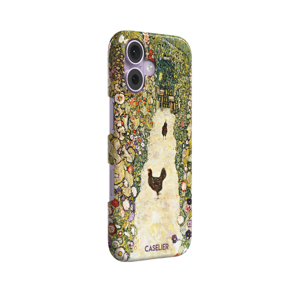 Gustav Klimt Garden Path with Chickens phone case showing a sun-lit garden path bordered by lush flowering plants and two brown hens, in warm greens, creams and multicolor blooms — snap case, left view