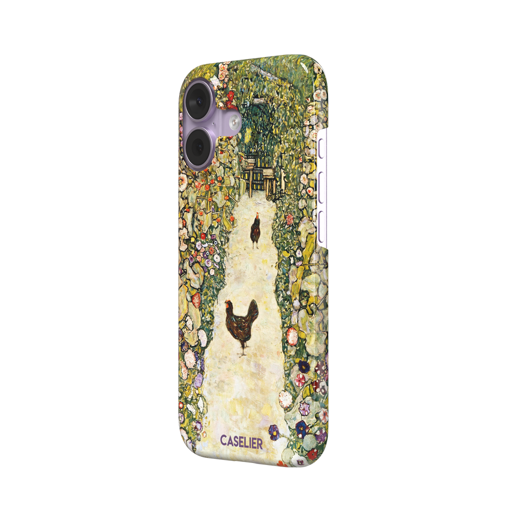 Gustav Klimt Garden Path with Chickens phone case showing a sun-lit garden path bordered by lush flowering plants and two brown hens, in warm greens, creams and multicolor blooms — snap case, right view