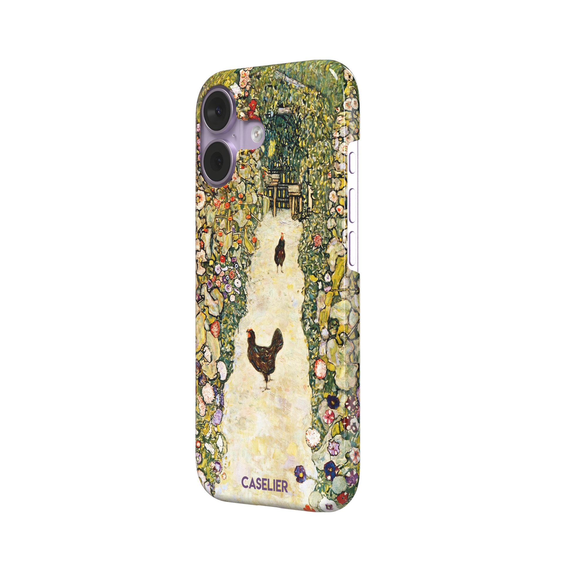 Gustav Klimt Garden Path with Chickens phone case showing a sun-lit garden path bordered by lush flowering plants and two brown hens, in warm greens, creams and multicolor blooms — snap case, right view