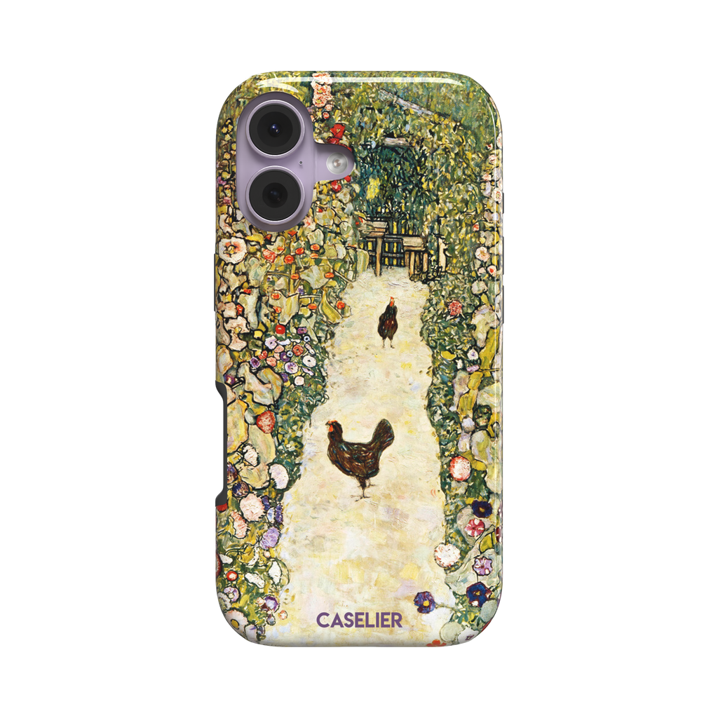 Gustav Klimt Garden Path with Chickens phone case showing a sun-lit garden path bordered by lush flowering plants and two brown hens, in warm greens, creams and multicolor blooms — tough case, front view
