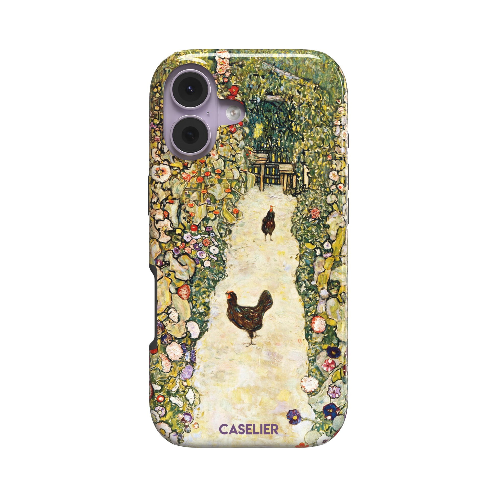 Gustav Klimt Garden Path with Chickens phone case showing a sun-lit garden path bordered by lush flowering plants and two brown hens, in warm greens, creams and multicolor blooms — tough case, front view