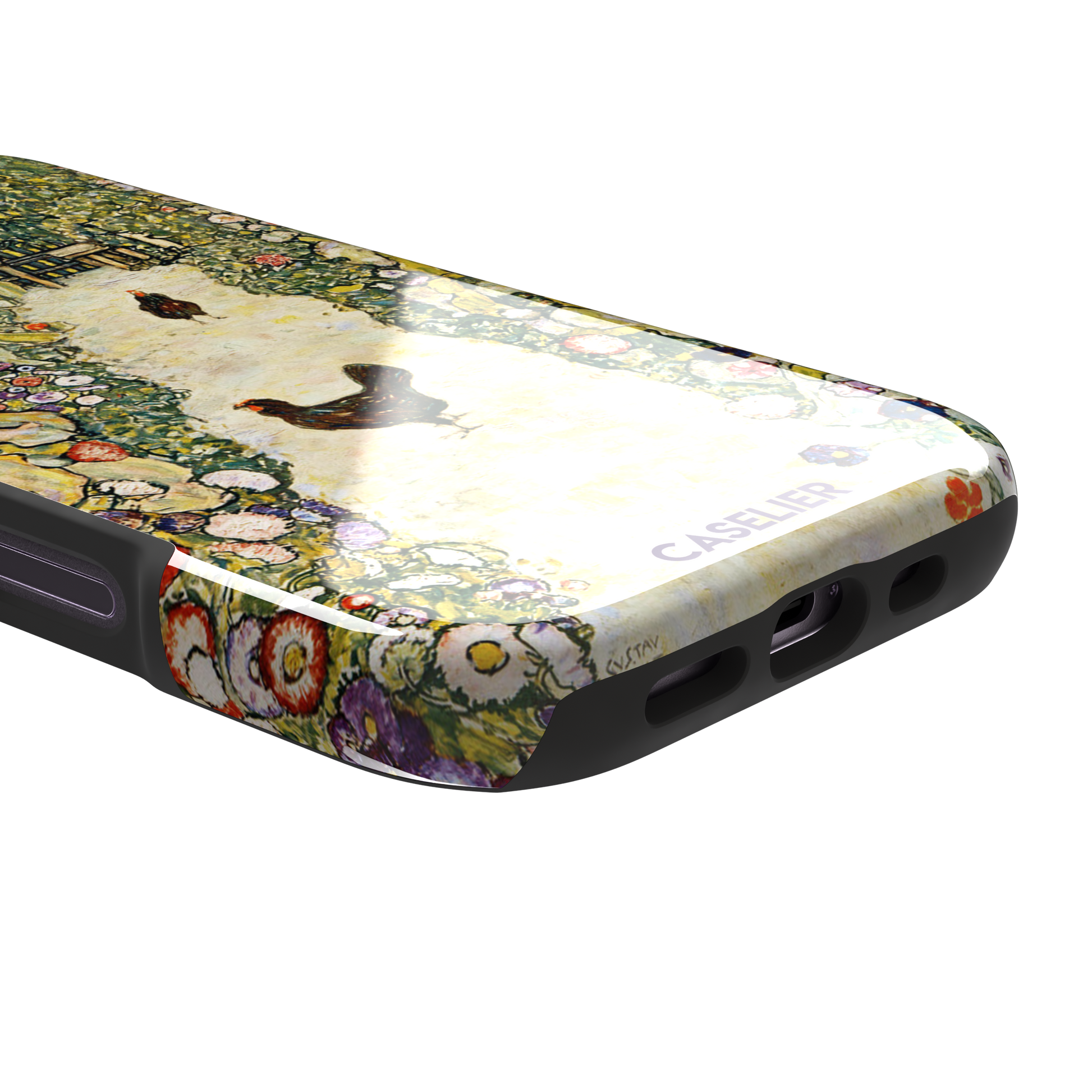 Gustav Klimt Garden Path with Chickens phone case showing a sun-lit garden path bordered by lush flowering plants and two brown hens, in warm greens, creams and multicolor blooms — tough case, charging port detail