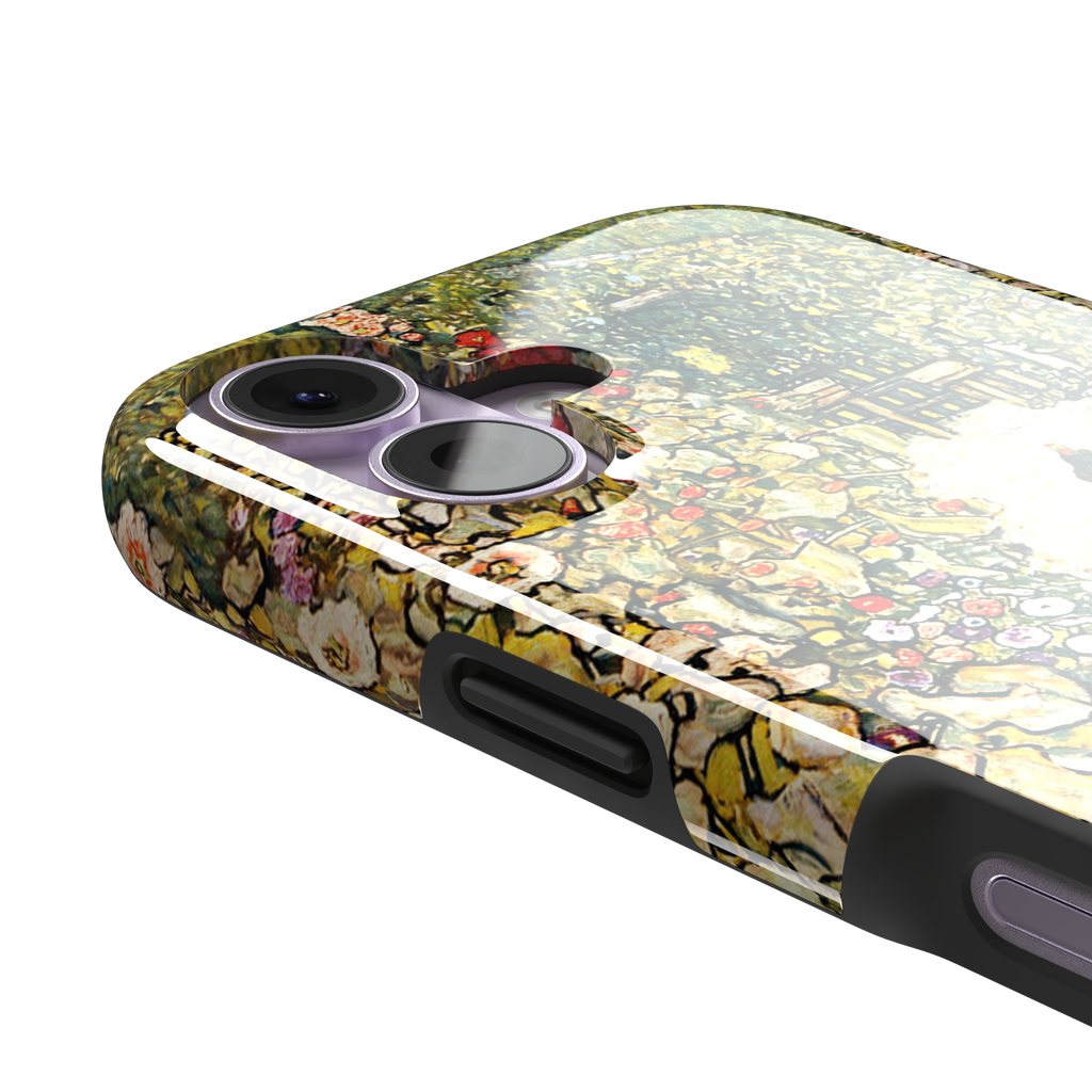 Gustav Klimt Garden Path with Chickens phone case showing a sun-lit garden path bordered by lush flowering plants and two brown hens, in warm greens, creams and multicolor blooms — tough case, volume buttons detail