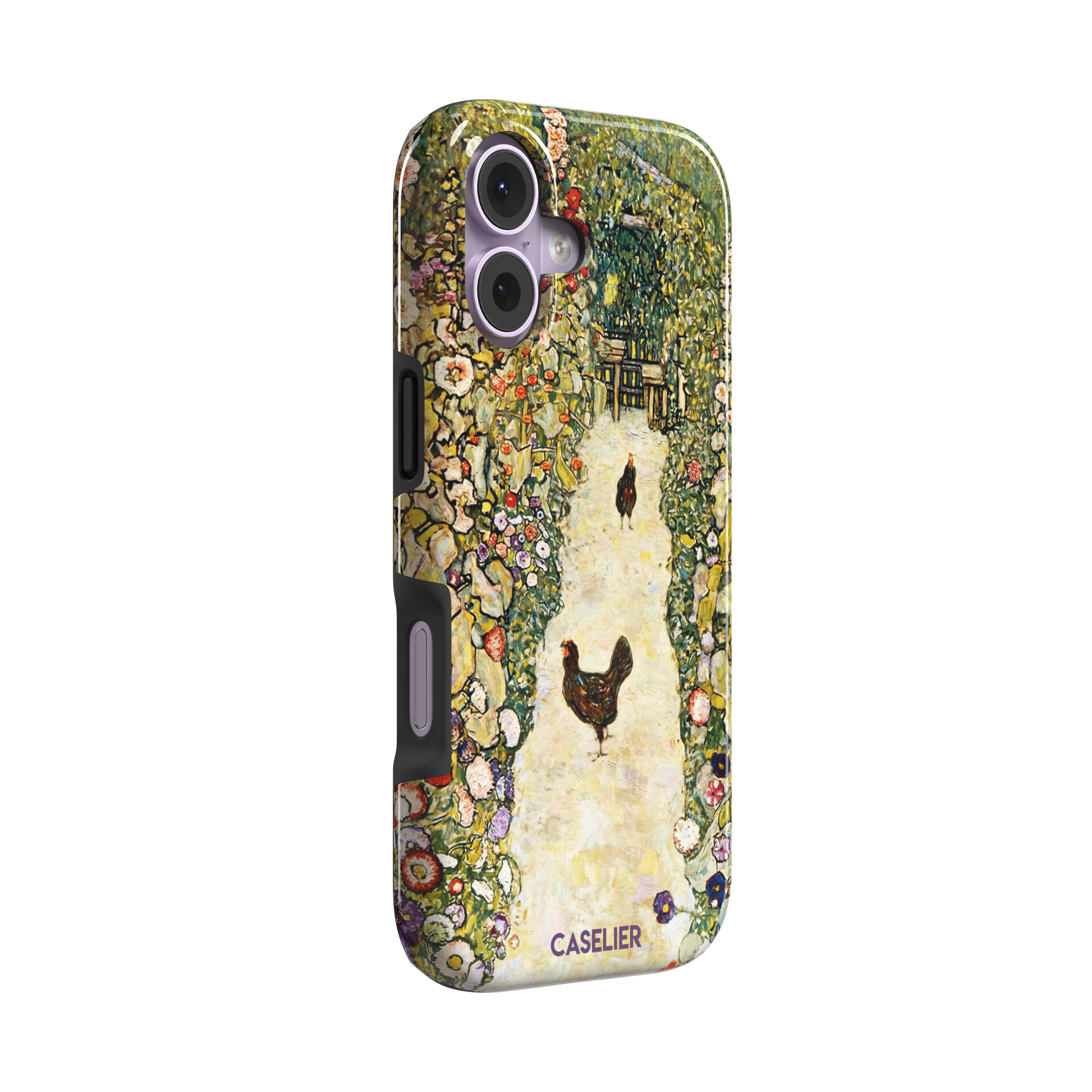 Gustav Klimt Garden Path with Chickens phone case showing a sun-lit garden path bordered by lush flowering plants and two brown hens, in warm greens, creams and multicolor blooms — tough case, left view