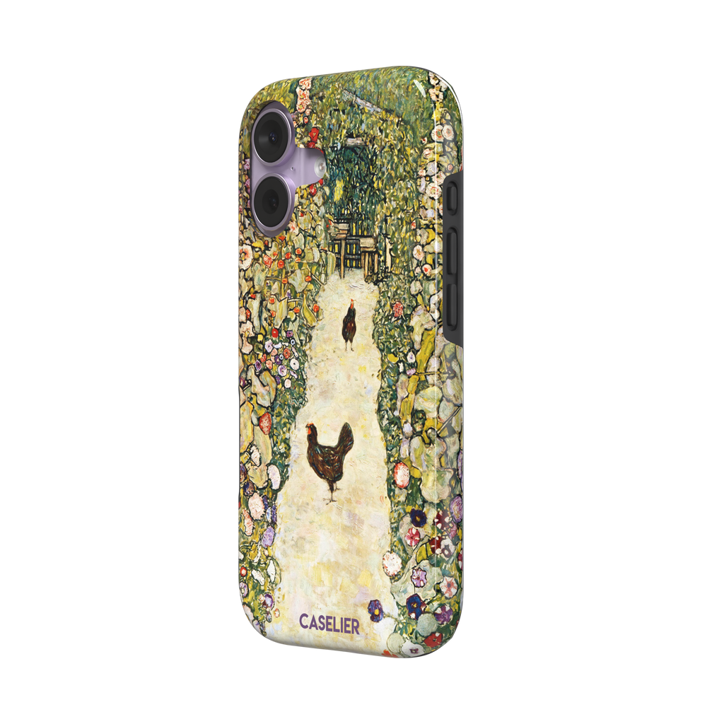 Gustav Klimt Garden Path with Chickens phone case showing a sun-lit garden path bordered by lush flowering plants and two brown hens, in warm greens, creams and multicolor blooms — tough case, right view