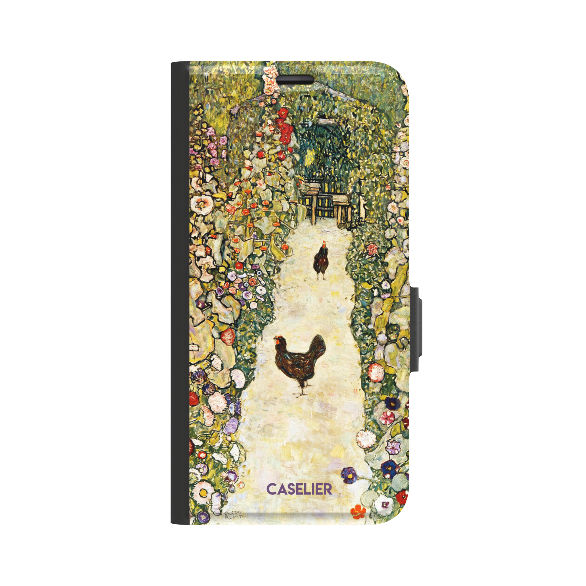 Gustav Klimt Garden Path with Chickens phone case showing a sun-lit garden path bordered by lush flowering plants and two brown hens, in warm greens, creams and multicolor blooms — wallet case, front view