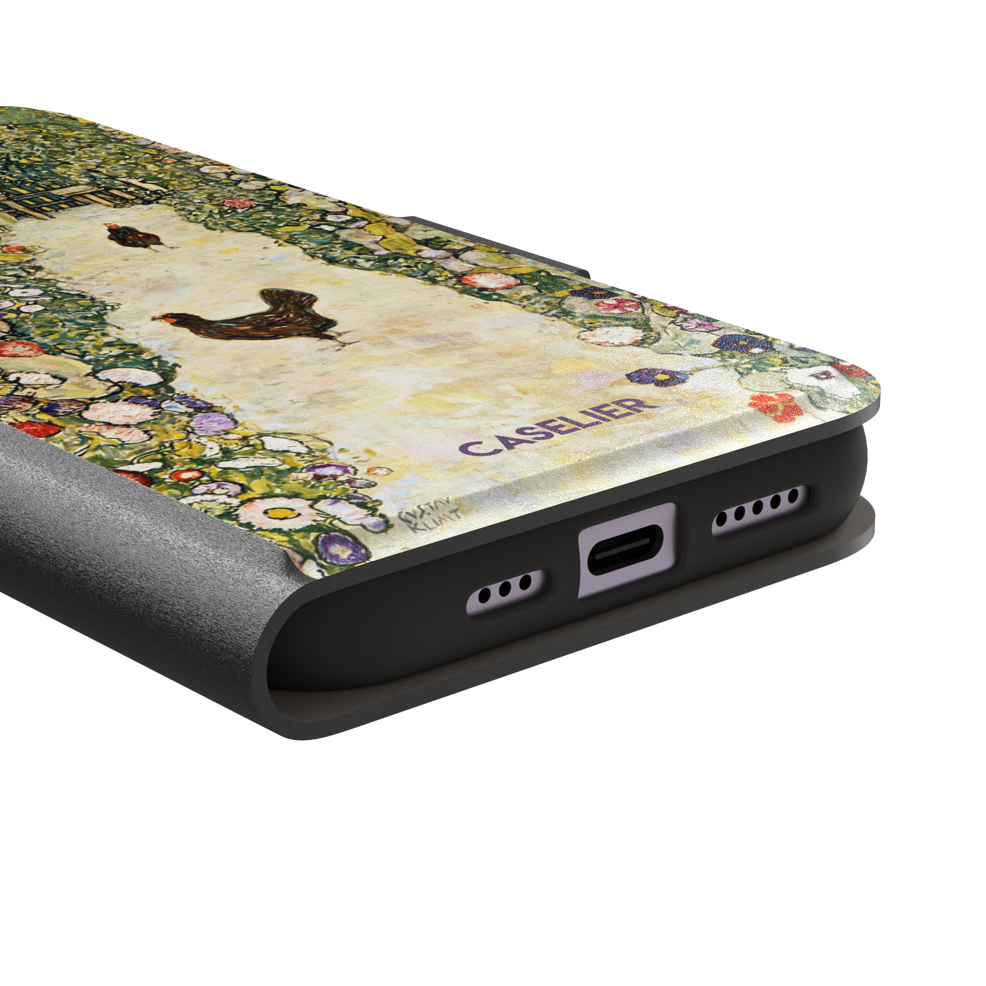 Gustav Klimt Garden Path with Chickens phone case showing a sun-lit garden path bordered by lush flowering plants and two brown hens, in warm greens, creams and multicolor blooms — wallet case, charging port detail