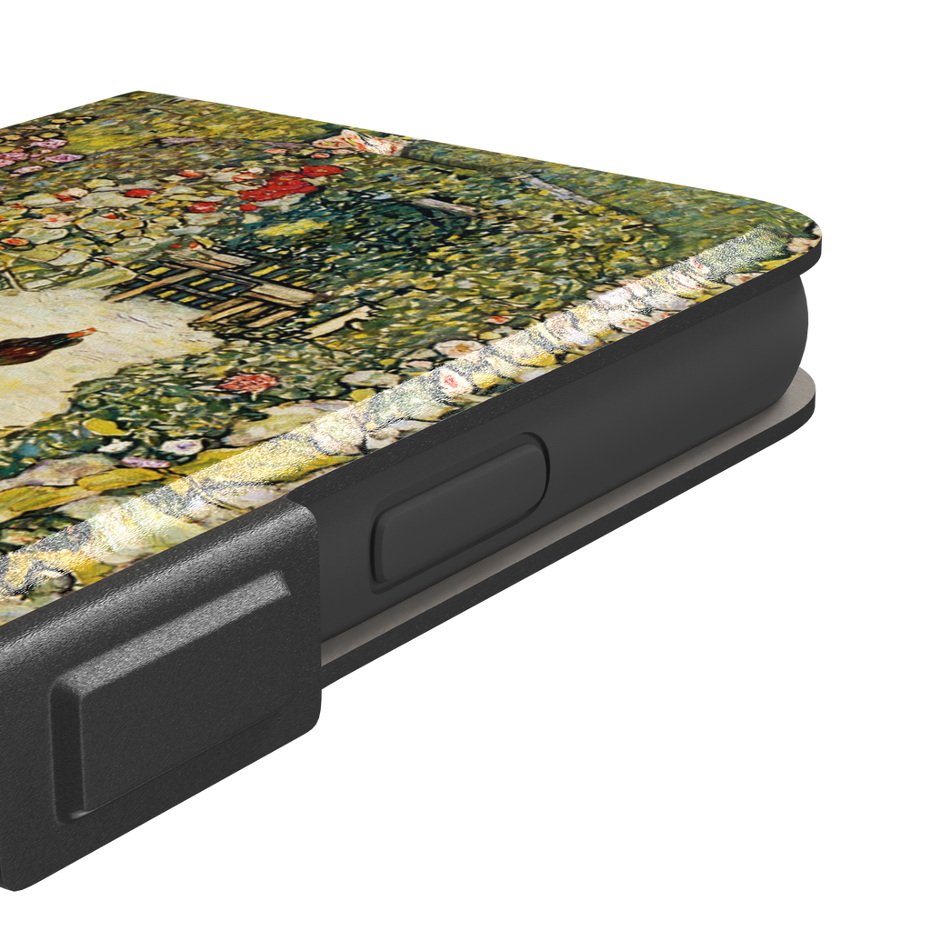 Gustav Klimt Garden Path with Chickens phone case showing a sun-lit garden path bordered by lush flowering plants and two brown hens, in warm greens, creams and multicolor blooms — wallet case, volume buttons detail