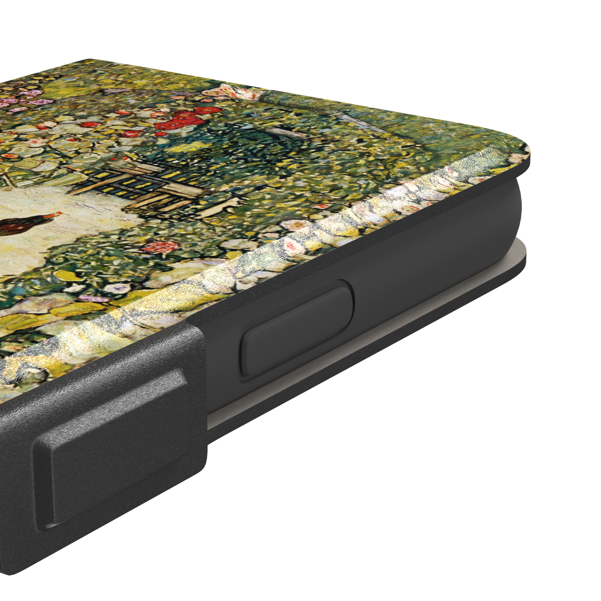Gustav Klimt Garden Path with Chickens phone case showing a sun-lit garden path bordered by lush flowering plants and two brown hens, in warm greens, creams and multicolor blooms — wallet case, volume buttons detail