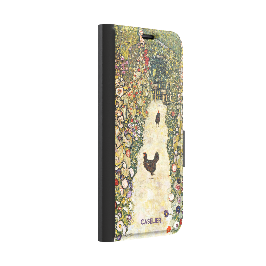 Gustav Klimt Garden Path with Chickens phone case showing a sun-lit garden path bordered by lush flowering plants and two brown hens, in warm greens, creams and multicolor blooms — wallet case, left view