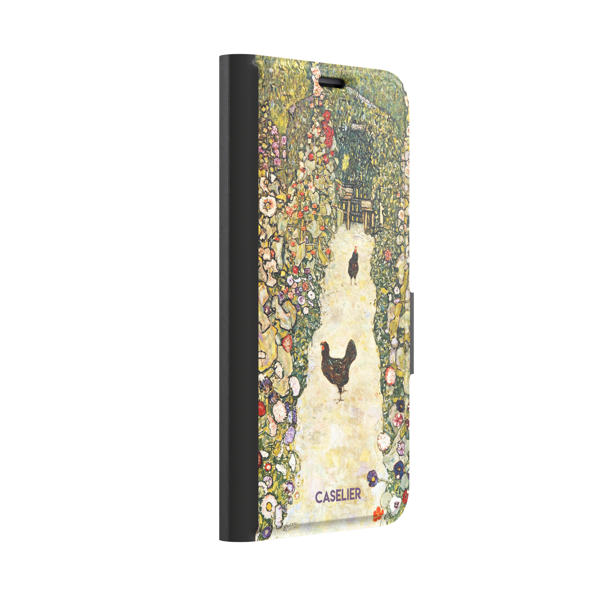 Gustav Klimt Garden Path with Chickens phone case showing a sun-lit garden path bordered by lush flowering plants and two brown hens, in warm greens, creams and multicolor blooms — wallet case, left view
