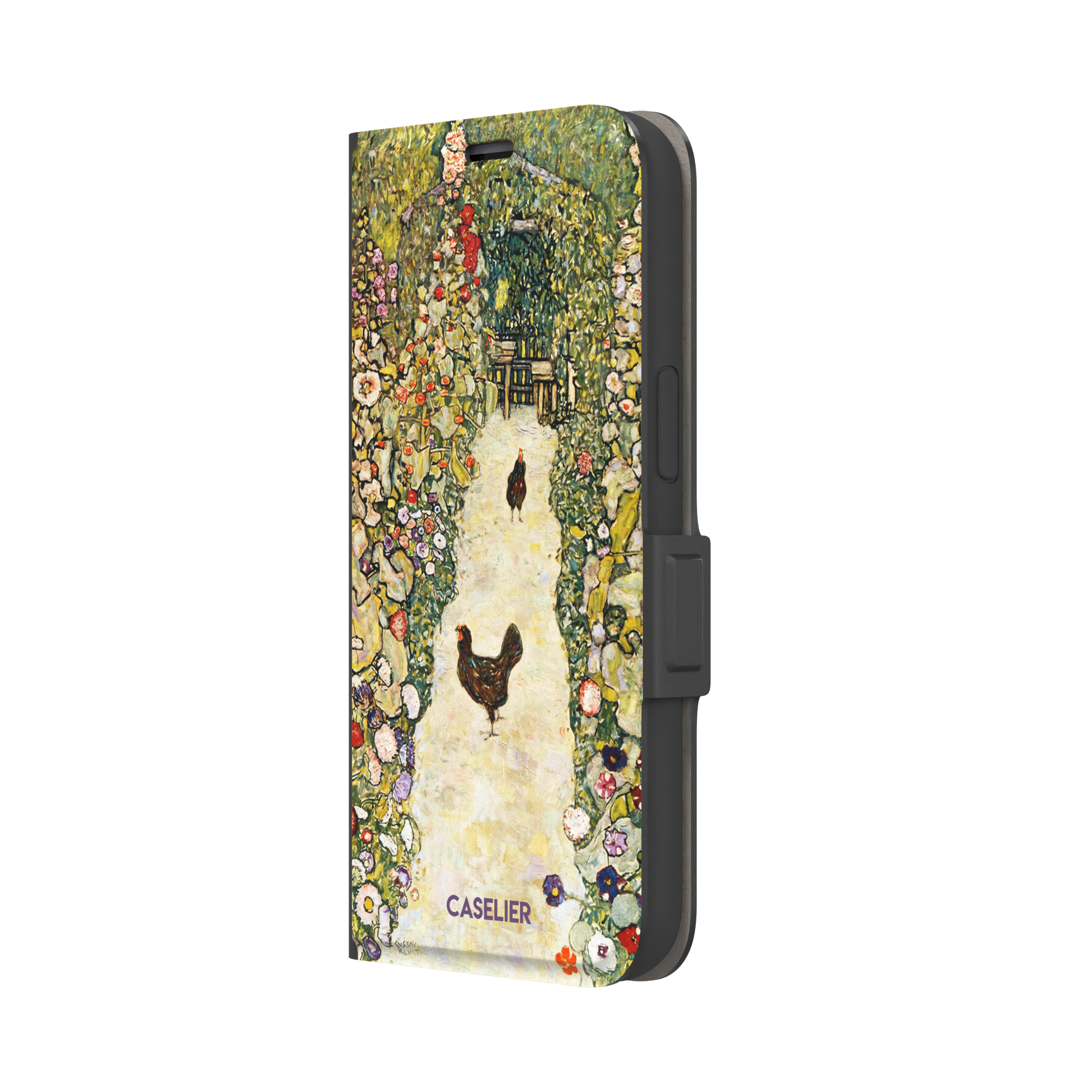 Gustav Klimt Garden Path with Chickens phone case showing a sun-lit garden path bordered by lush flowering plants and two brown hens, in warm greens, creams and multicolor blooms — wallet case, right view