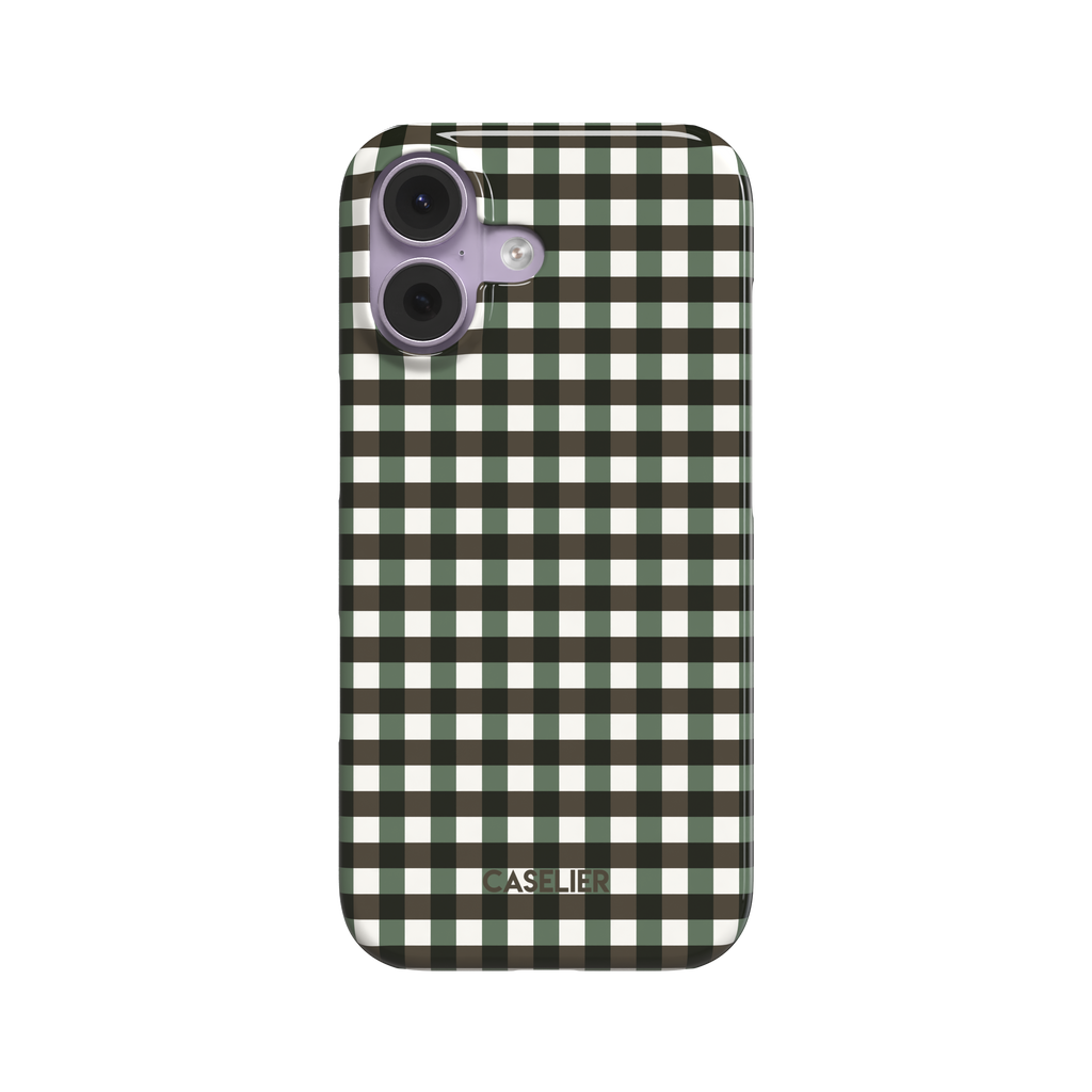 Gingham plaid check pattern in forest green and near-black with white, classic grid design on a glossy phone case by Caselier - snap case, front view | Caselier