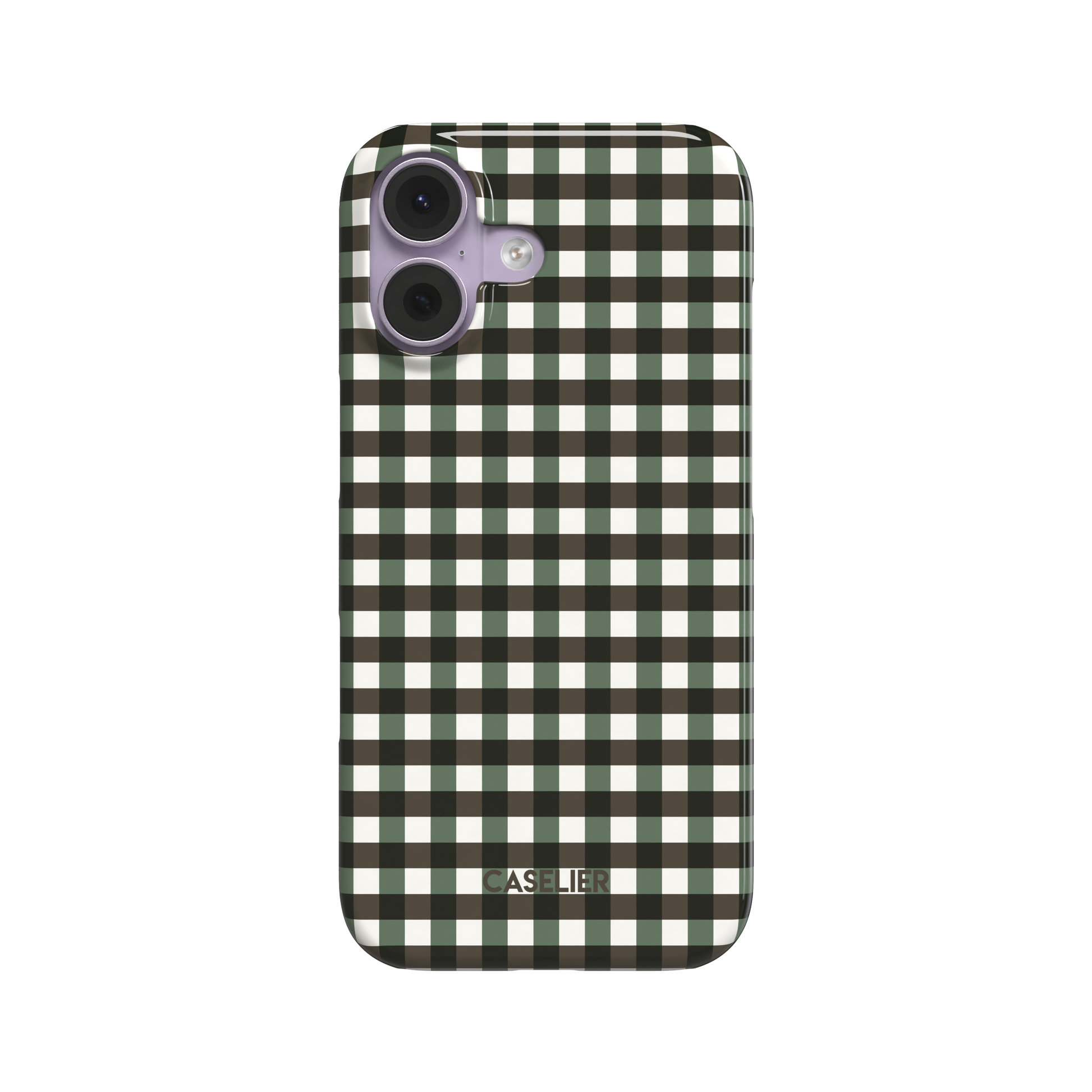 Gingham plaid check pattern in forest green and near-black with white, classic grid design on a glossy phone case by Caselier - snap case, front view | Caselier