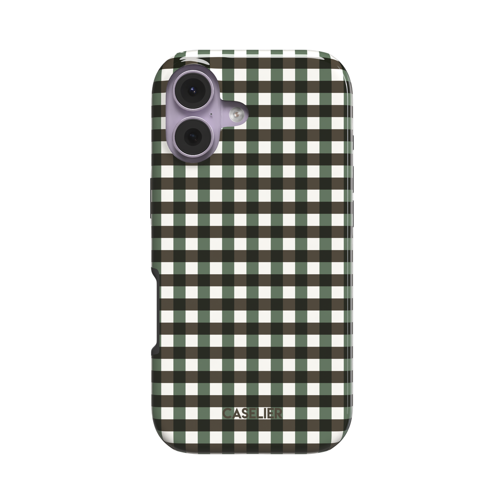 Gingham plaid check pattern in forest green and near-black with white, classic grid design on a glossy phone case by Caselier - tough case, front view | Caselier