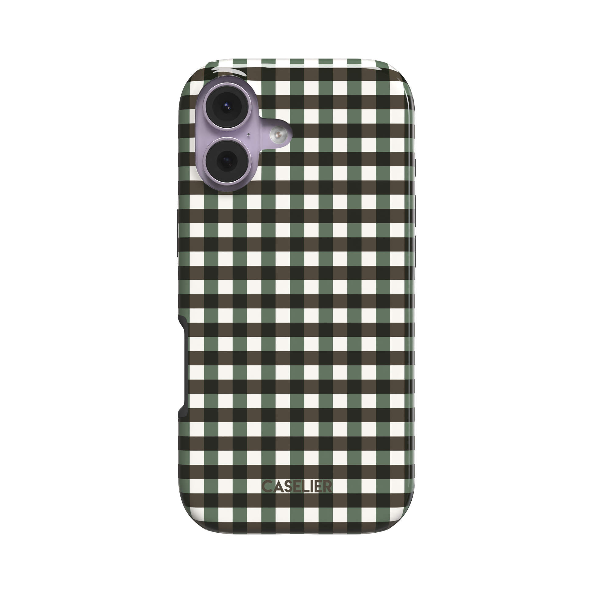 Gingham plaid check pattern in forest green and near-black with white, classic grid design on a glossy phone case by Caselier - tough case, front view | Caselier