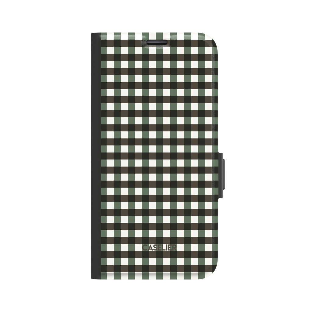 Gingham plaid check pattern in forest green and near-black with white, classic grid design on a glossy phone case by Caselier - wallet case, front view | Caselier