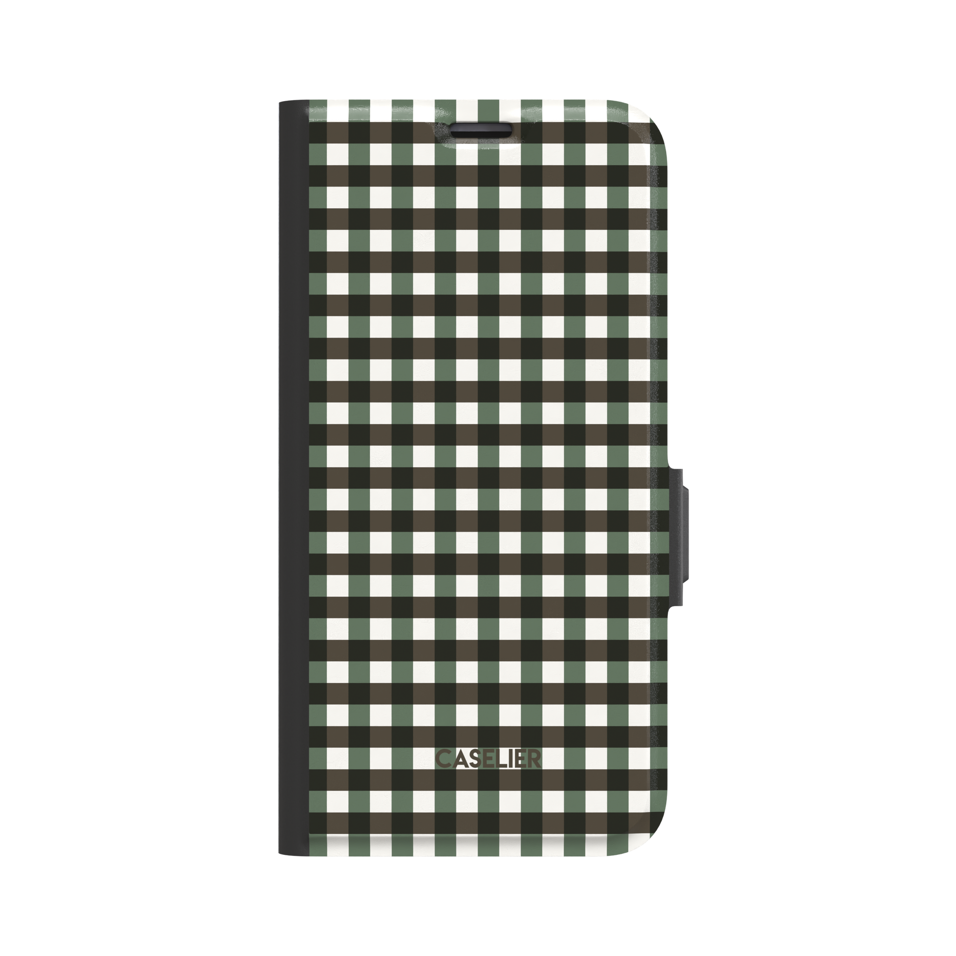 Gingham plaid check pattern in forest green and near-black with white, classic grid design on a glossy phone case by Caselier - wallet case, front view | Caselier
