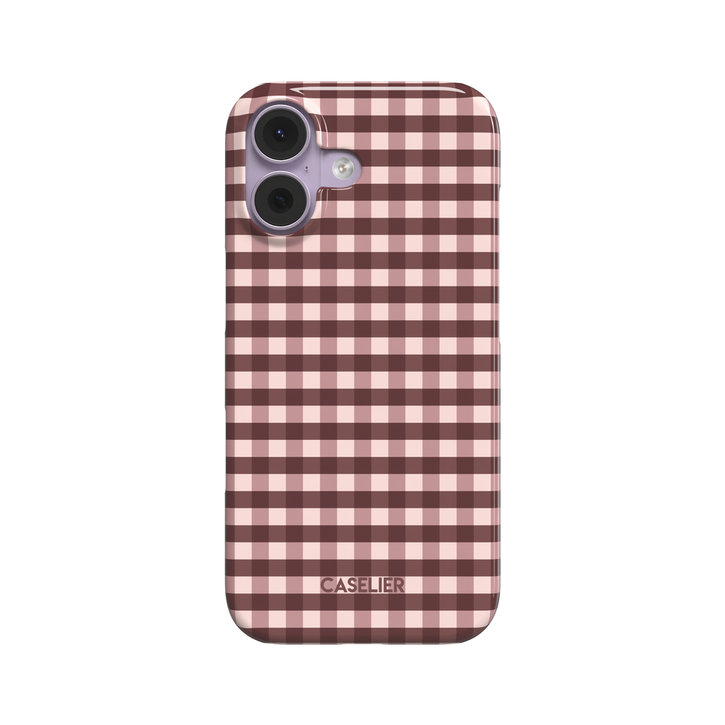 Gingham plaid check pattern in soft blush pink and deep burgundy, evenly spaced grid design on a glossy phone case by Caselier - snap case, front view | Caselier