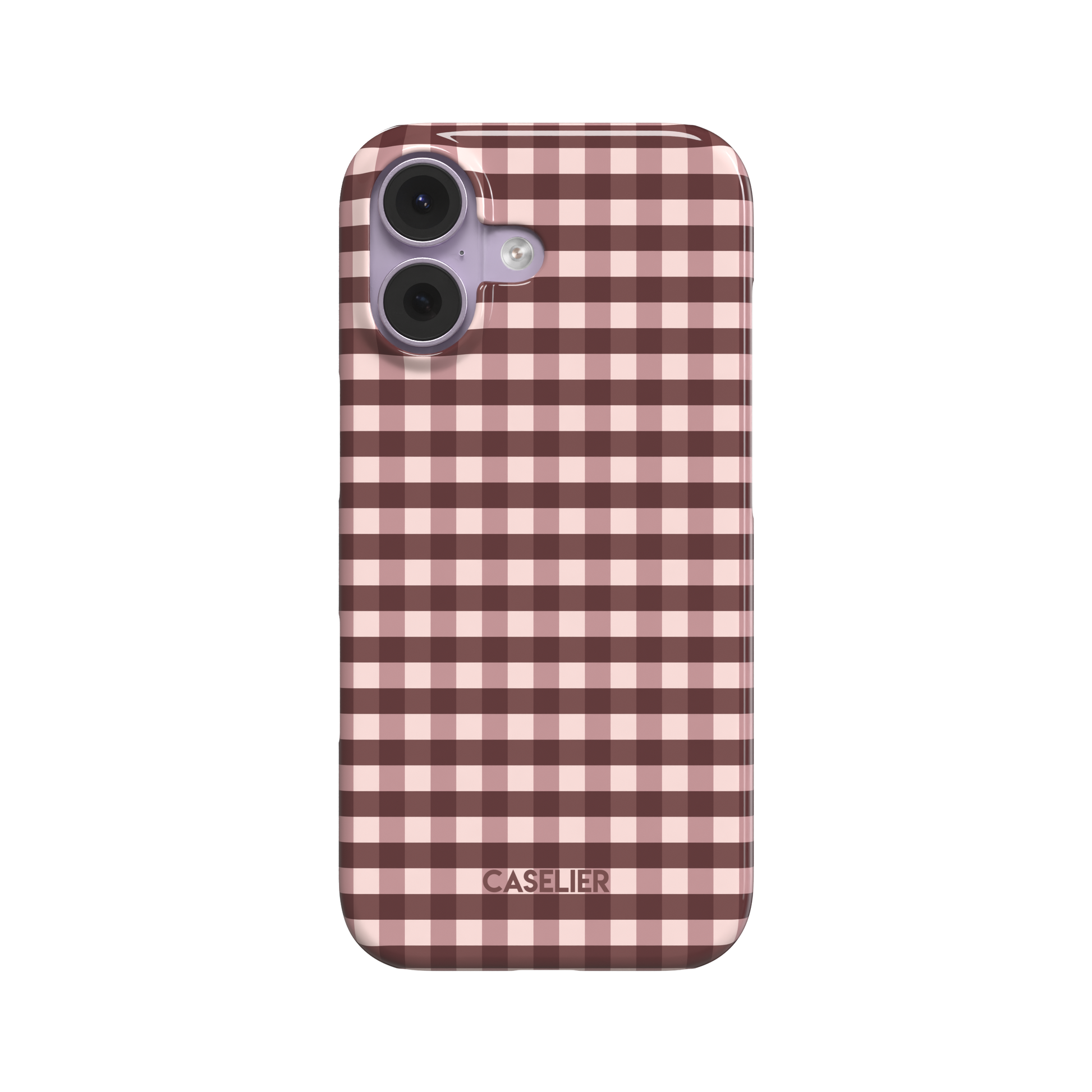 Gingham plaid check pattern in soft blush pink and deep burgundy, evenly spaced grid design on a glossy phone case by Caselier - snap case, front view | Caselier