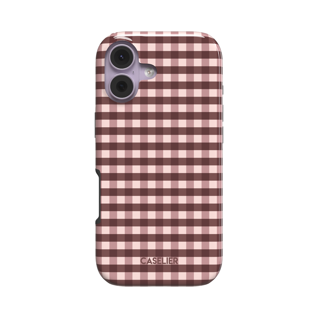 Gingham plaid check pattern in soft blush pink and deep burgundy, evenly spaced grid design on a glossy phone case by Caselier - tough case, front view | Caselier
