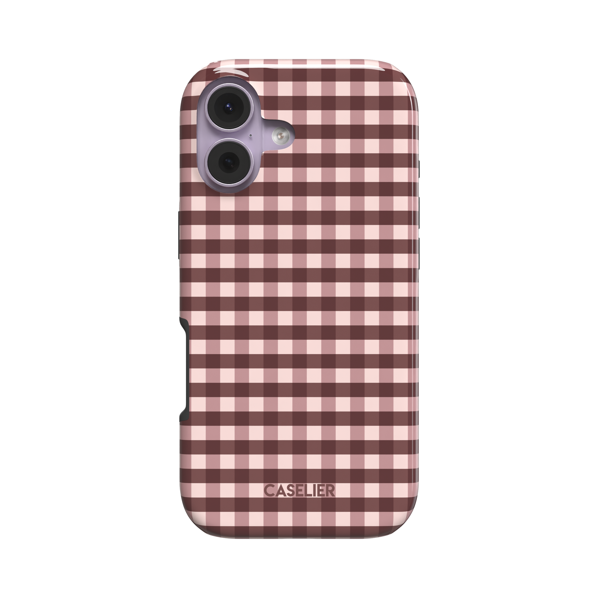 Gingham plaid check pattern in soft blush pink and deep burgundy, evenly spaced grid design on a glossy phone case by Caselier - tough case, front view | Caselier
