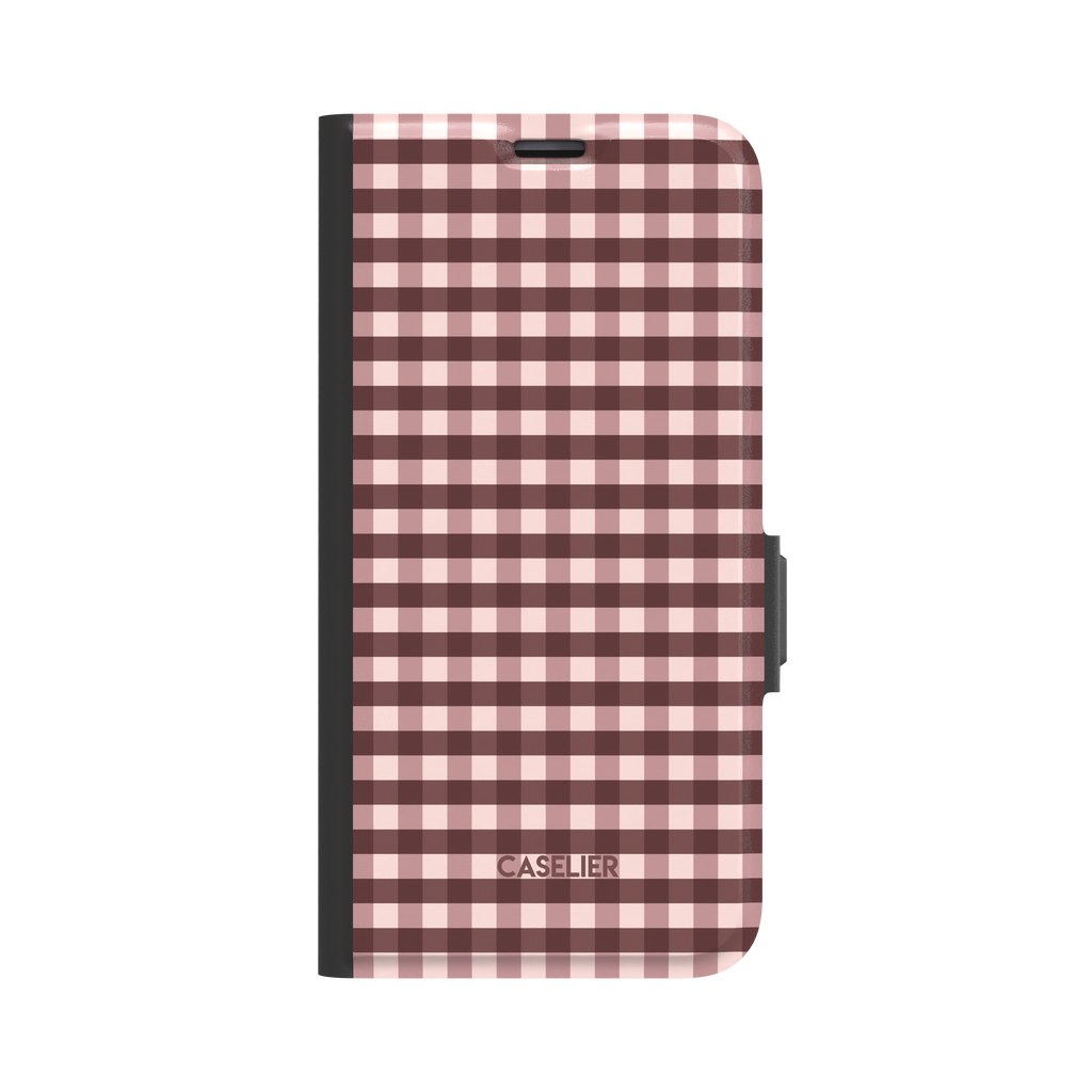 Gingham plaid check pattern in soft blush pink and deep burgundy, evenly spaced grid design on a glossy phone case by Caselier - wallet case, front view | Caselier