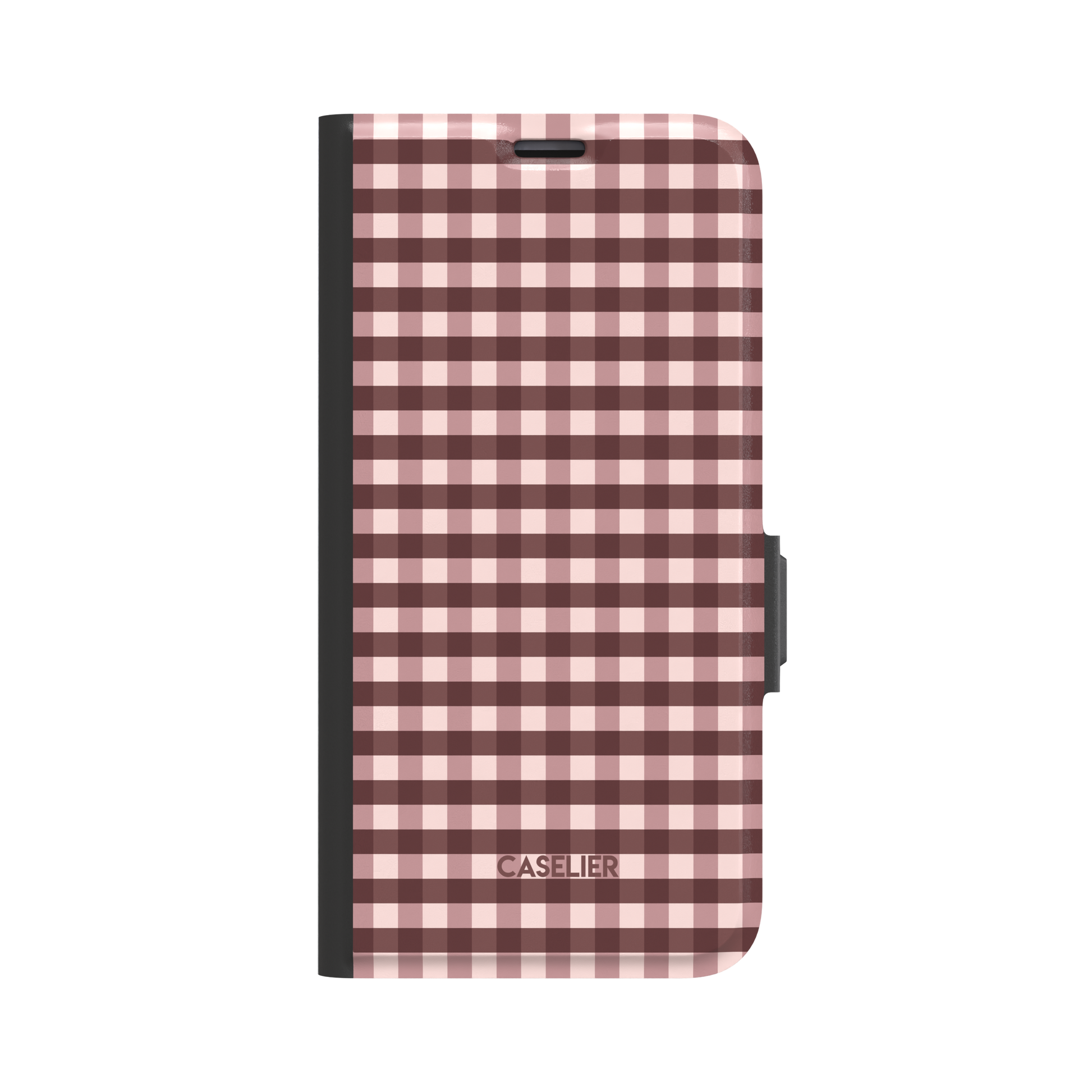 Gingham plaid check pattern in soft blush pink and deep burgundy, evenly spaced grid design on a glossy phone case by Caselier - wallet case, front view | Caselier