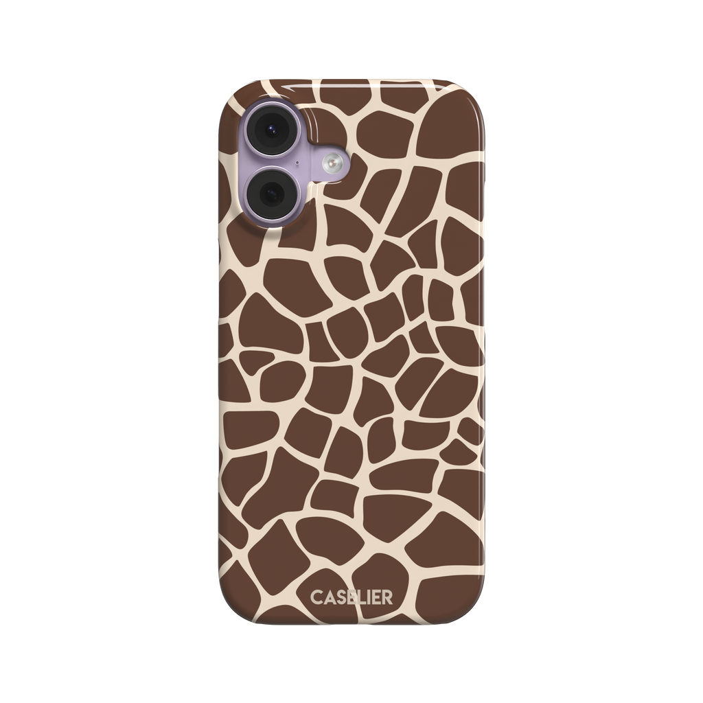 Giraffe print phone case in deeper chocolate brown and cream mosaic pattern, darker color variant, phone case by Caselier — snap case, front view