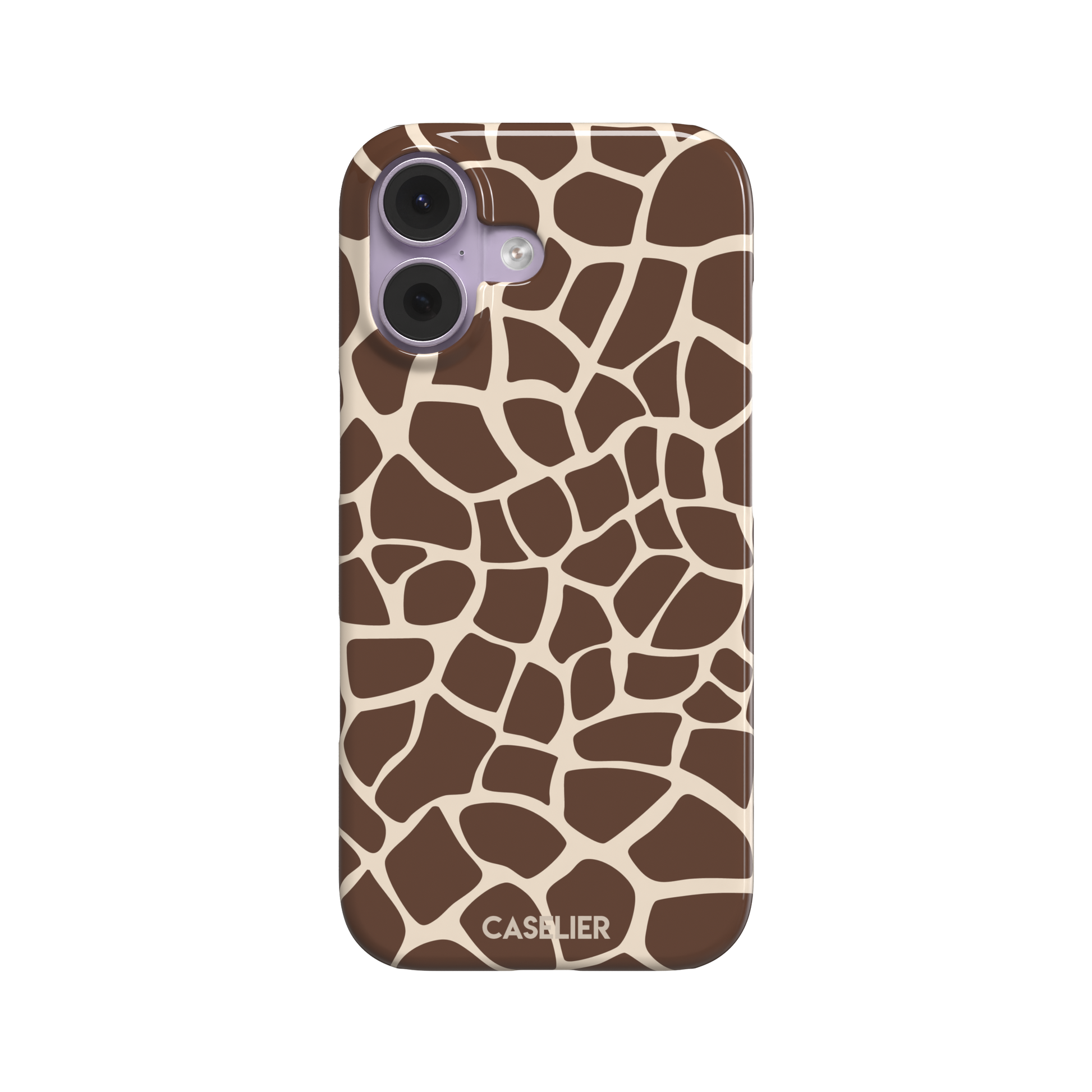 Giraffe print phone case in deeper chocolate brown and cream mosaic pattern, darker color variant, phone case by Caselier — snap case, front view