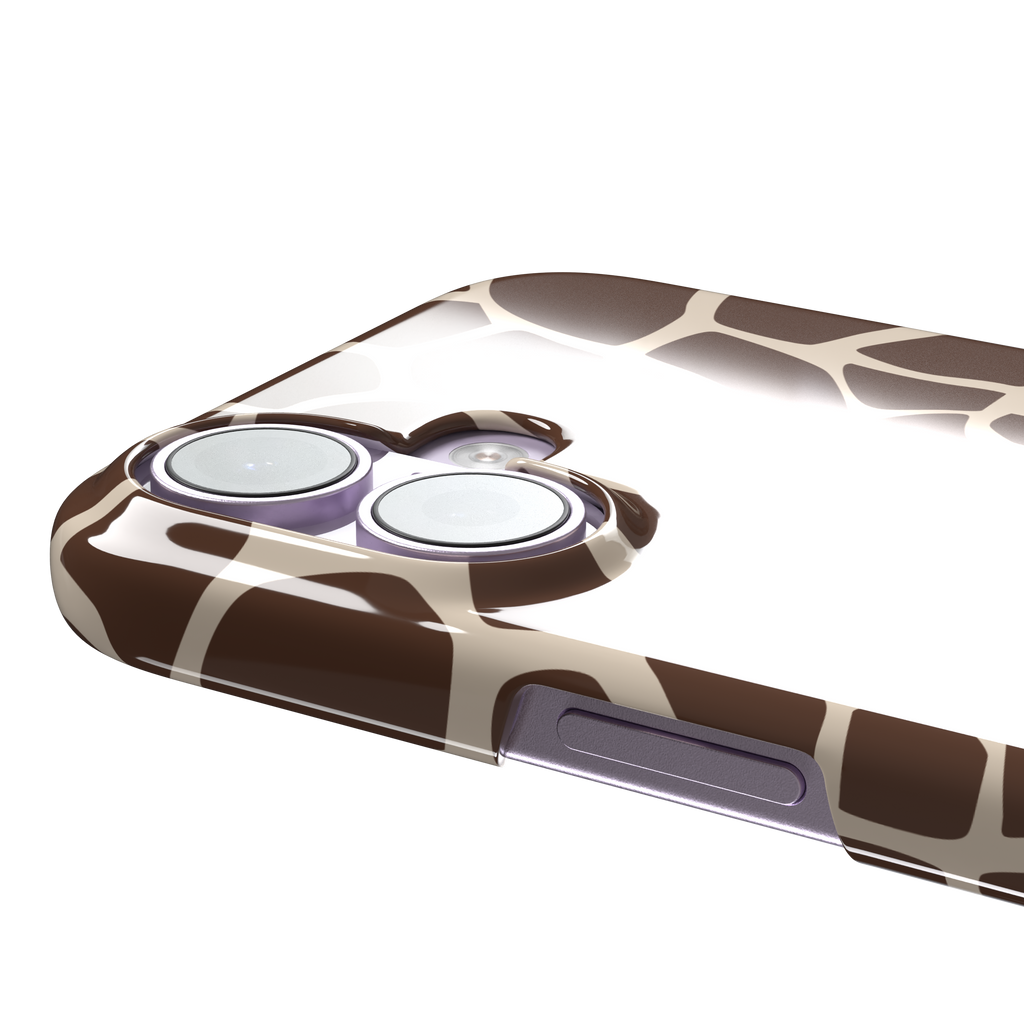Giraffe print phone case in deeper chocolate brown and cream mosaic pattern, darker color variant, phone case by Caselier — snap case, volume buttons detail