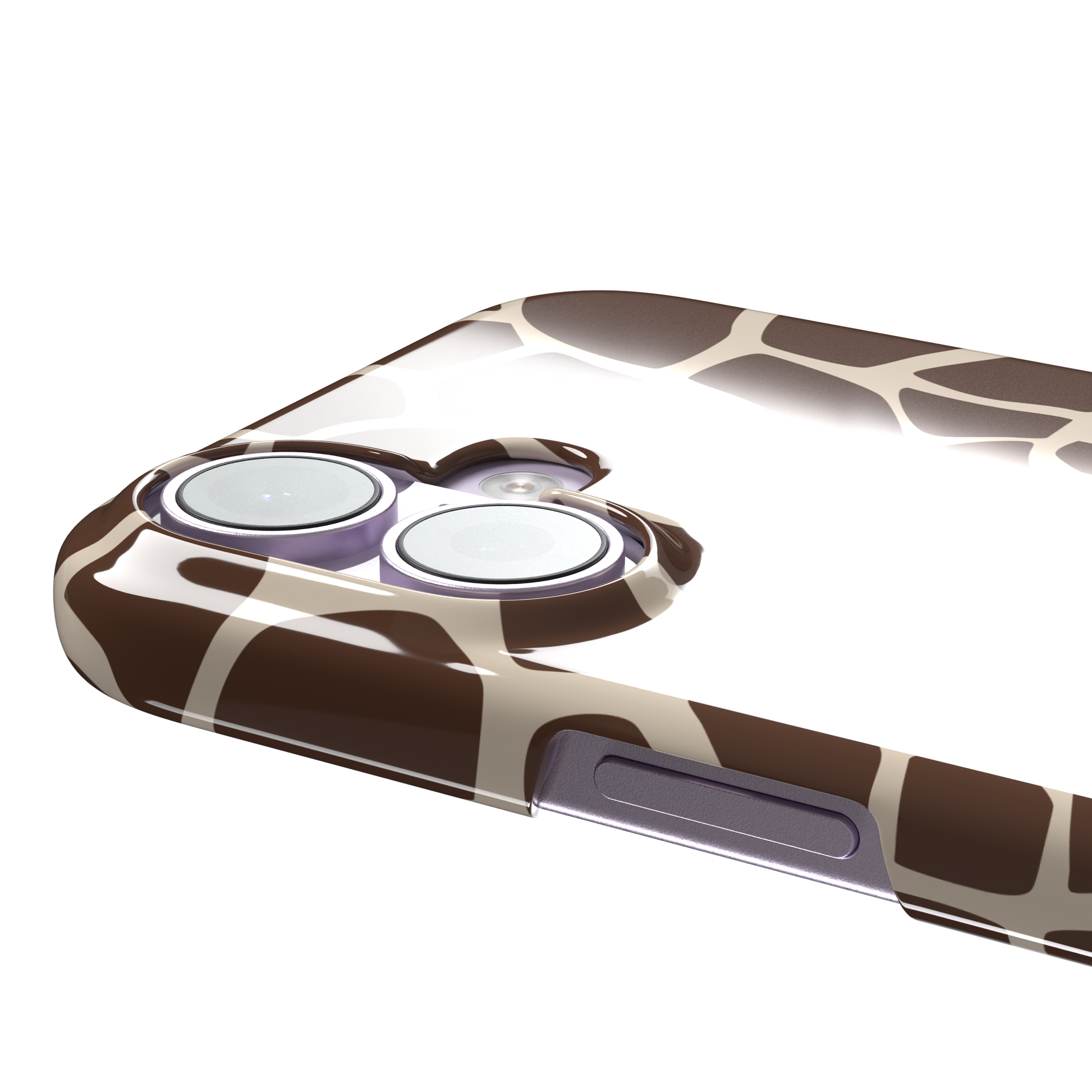 Giraffe print phone case in deeper chocolate brown and cream mosaic pattern, darker color variant, phone case by Caselier — snap case, volume buttons detail