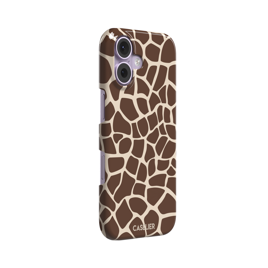 Giraffe print phone case in deeper chocolate brown and cream mosaic pattern, darker color variant, phone case by Caselier — snap case, left view