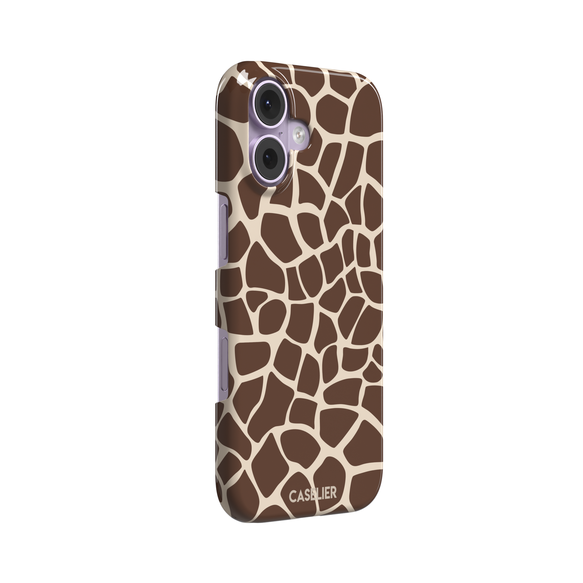 Giraffe print phone case in deeper chocolate brown and cream mosaic pattern, darker color variant, phone case by Caselier — snap case, left view