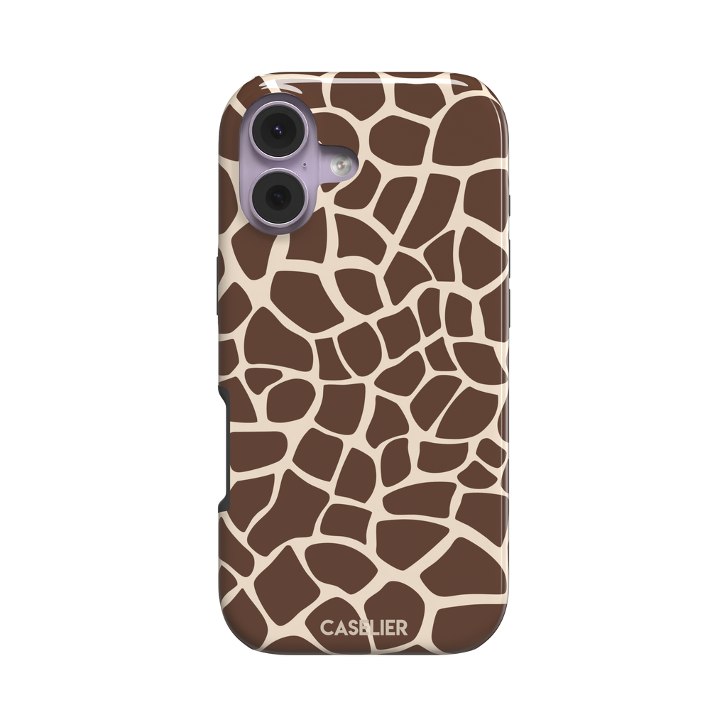 Giraffe print phone case in deeper chocolate brown and cream mosaic pattern, darker color variant, phone case by Caselier — tough case, front view