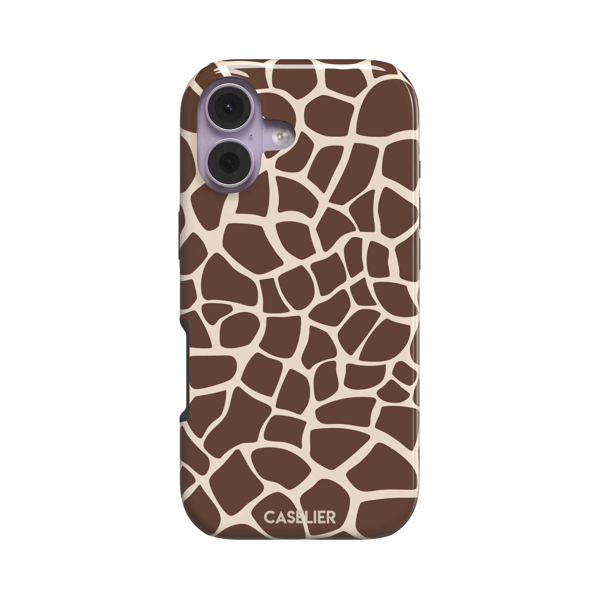 Giraffe print phone case in deeper chocolate brown and cream mosaic pattern, darker color variant, phone case by Caselier — tough case, front view