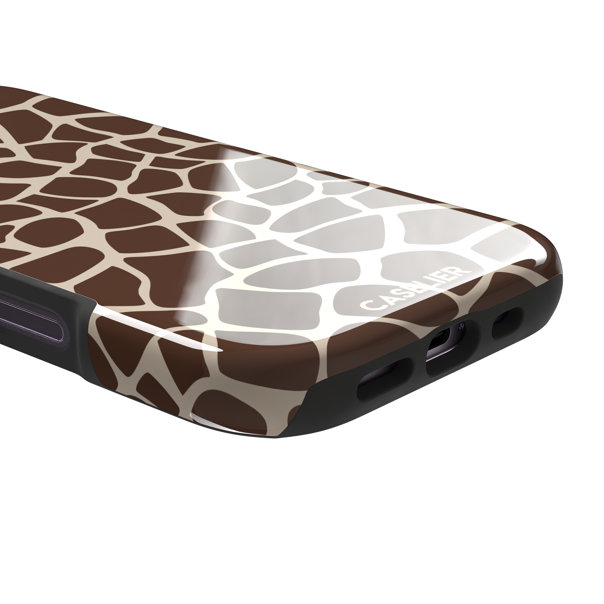 Giraffe print phone case in deeper chocolate brown and cream mosaic pattern, darker color variant, phone case by Caselier — tough case, charging port detail