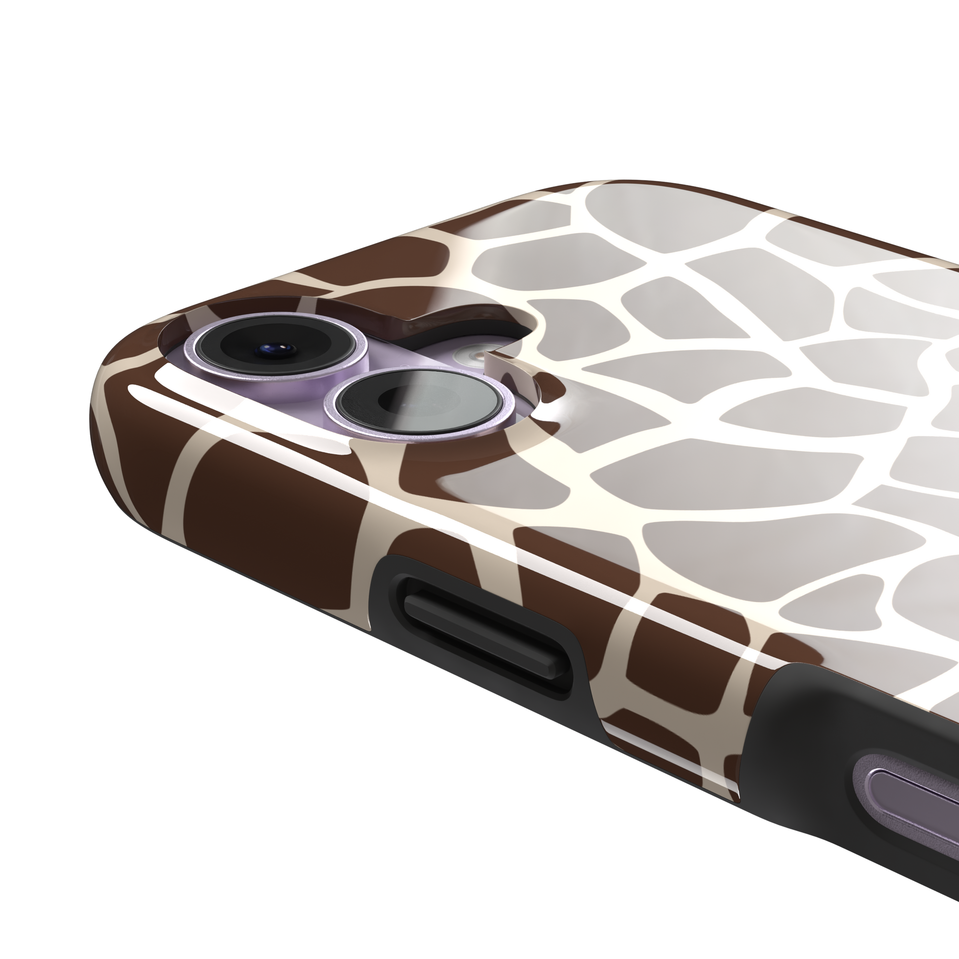 Giraffe print phone case in deeper chocolate brown and cream mosaic pattern, darker color variant, phone case by Caselier — tough case, volume buttons detail