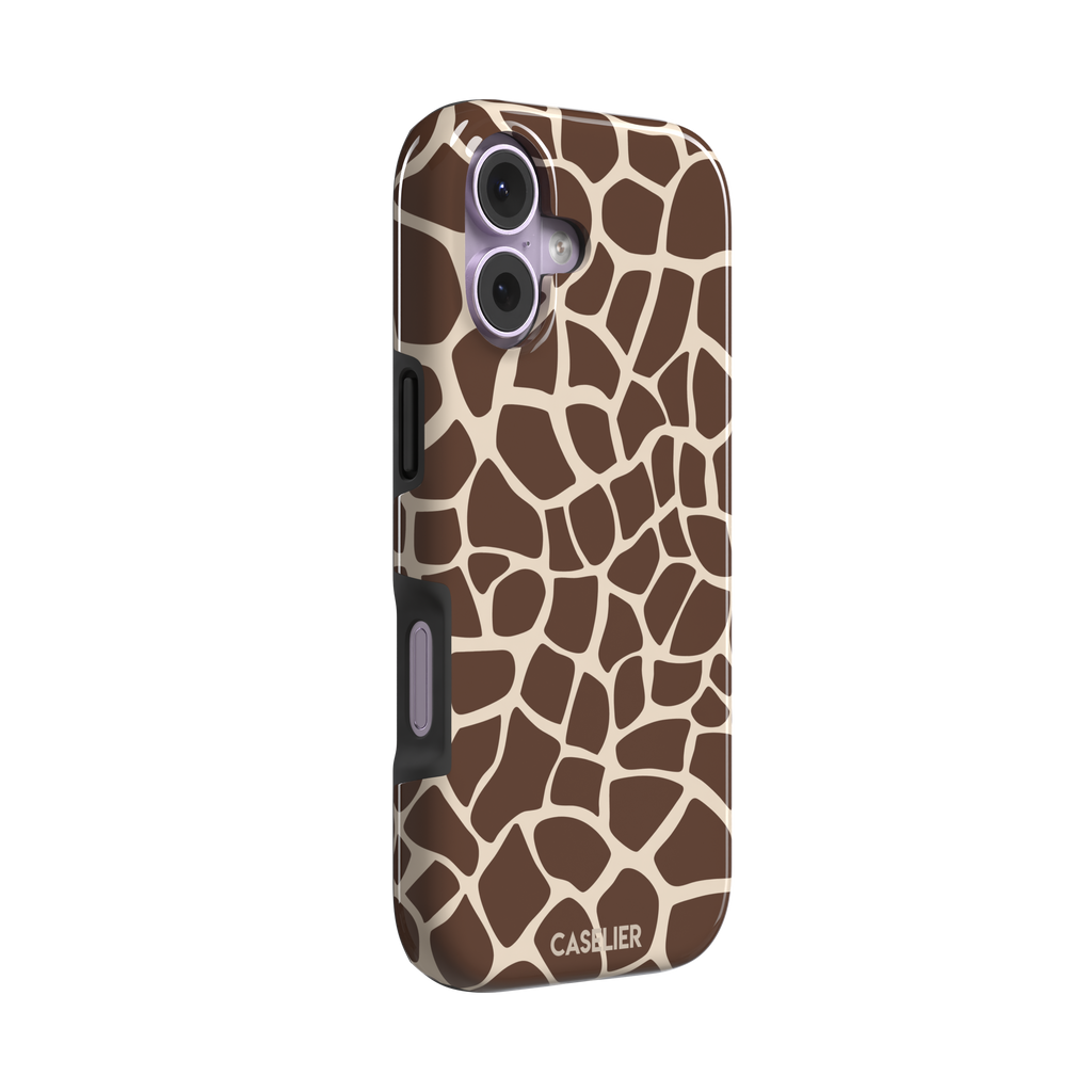 Giraffe print phone case in deeper chocolate brown and cream mosaic pattern, darker color variant, phone case by Caselier — tough case, left view