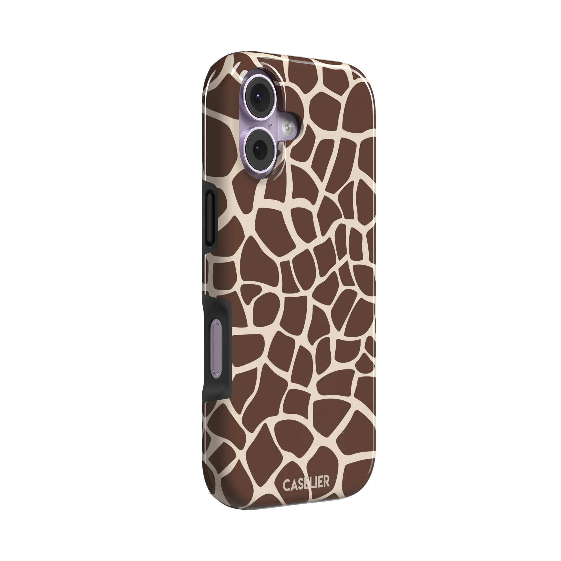 Giraffe print phone case in deeper chocolate brown and cream mosaic pattern, darker color variant, phone case by Caselier — tough case, left view