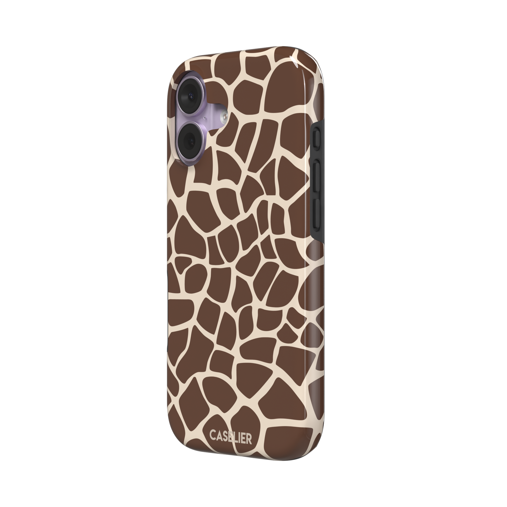 Giraffe print phone case in deeper chocolate brown and cream mosaic pattern, darker color variant, phone case by Caselier — tough case, right view