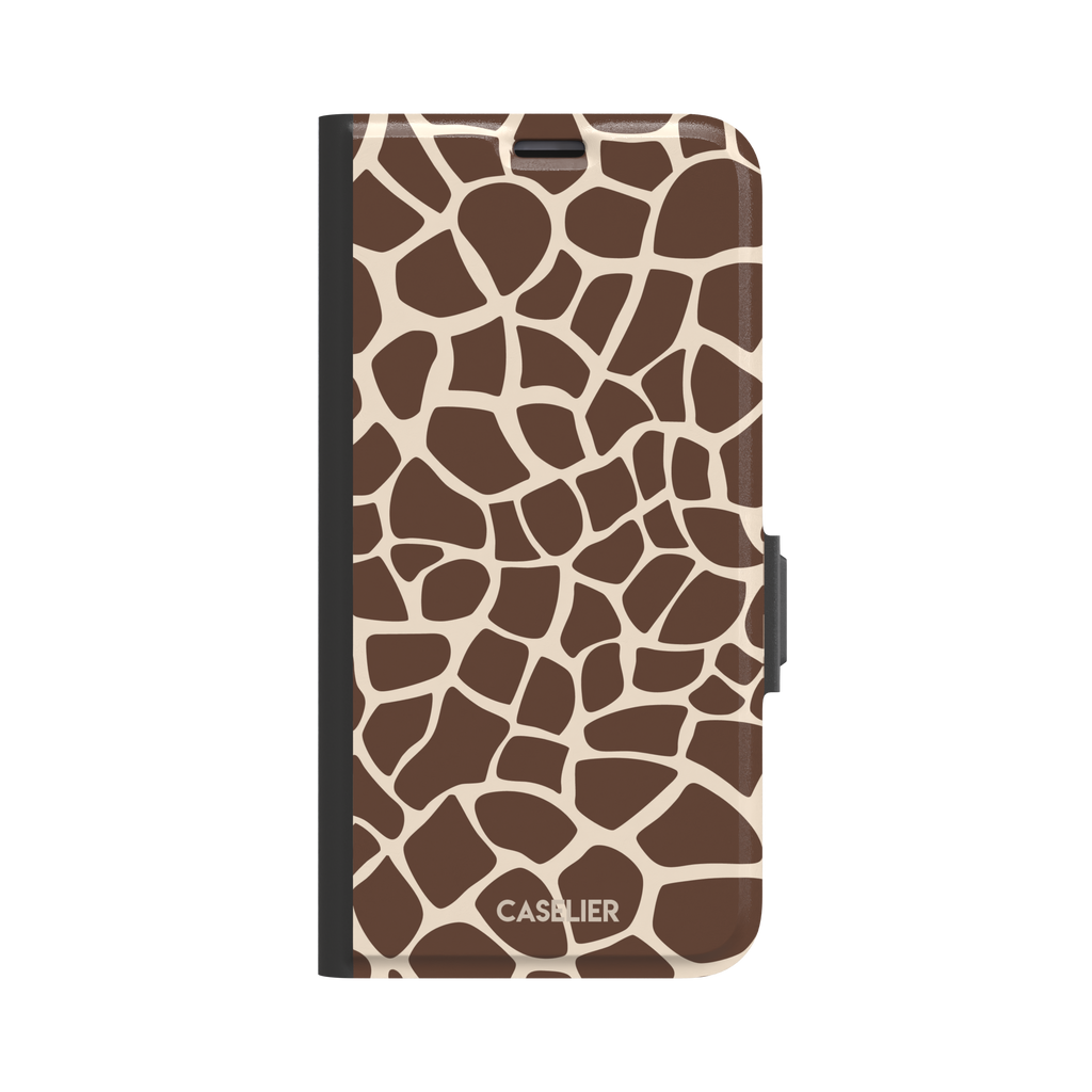 Giraffe print phone case in deeper chocolate brown and cream mosaic pattern, darker color variant, phone case by Caselier — wallet case, front view