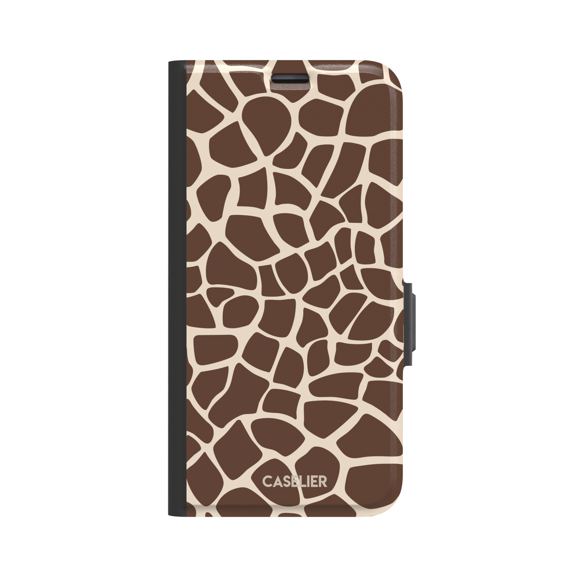 Giraffe print phone case in deeper chocolate brown and cream mosaic pattern, darker color variant, phone case by Caselier — wallet case, front view