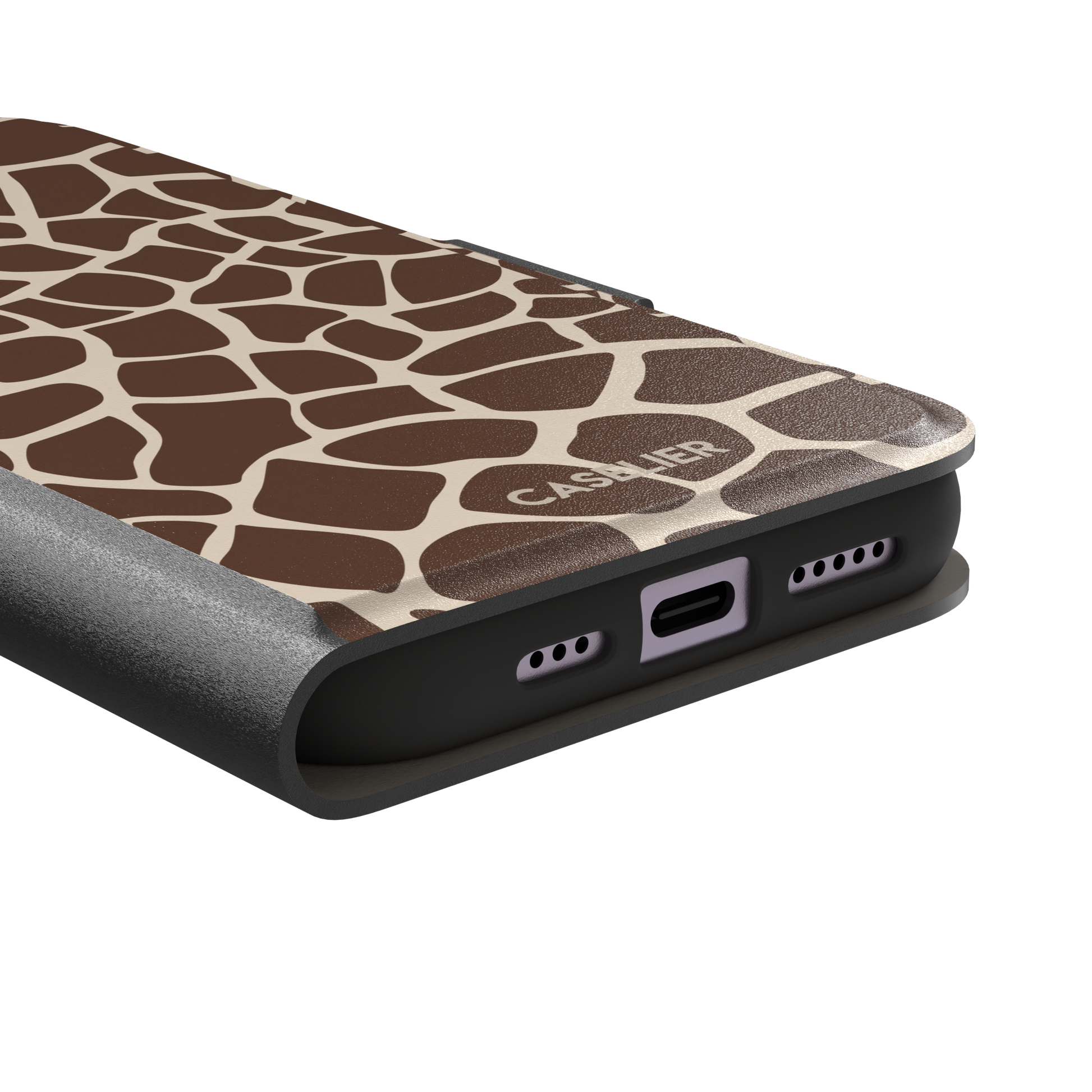 Giraffe print phone case in deeper chocolate brown and cream mosaic pattern, darker color variant, phone case by Caselier — wallet case, charging port detail