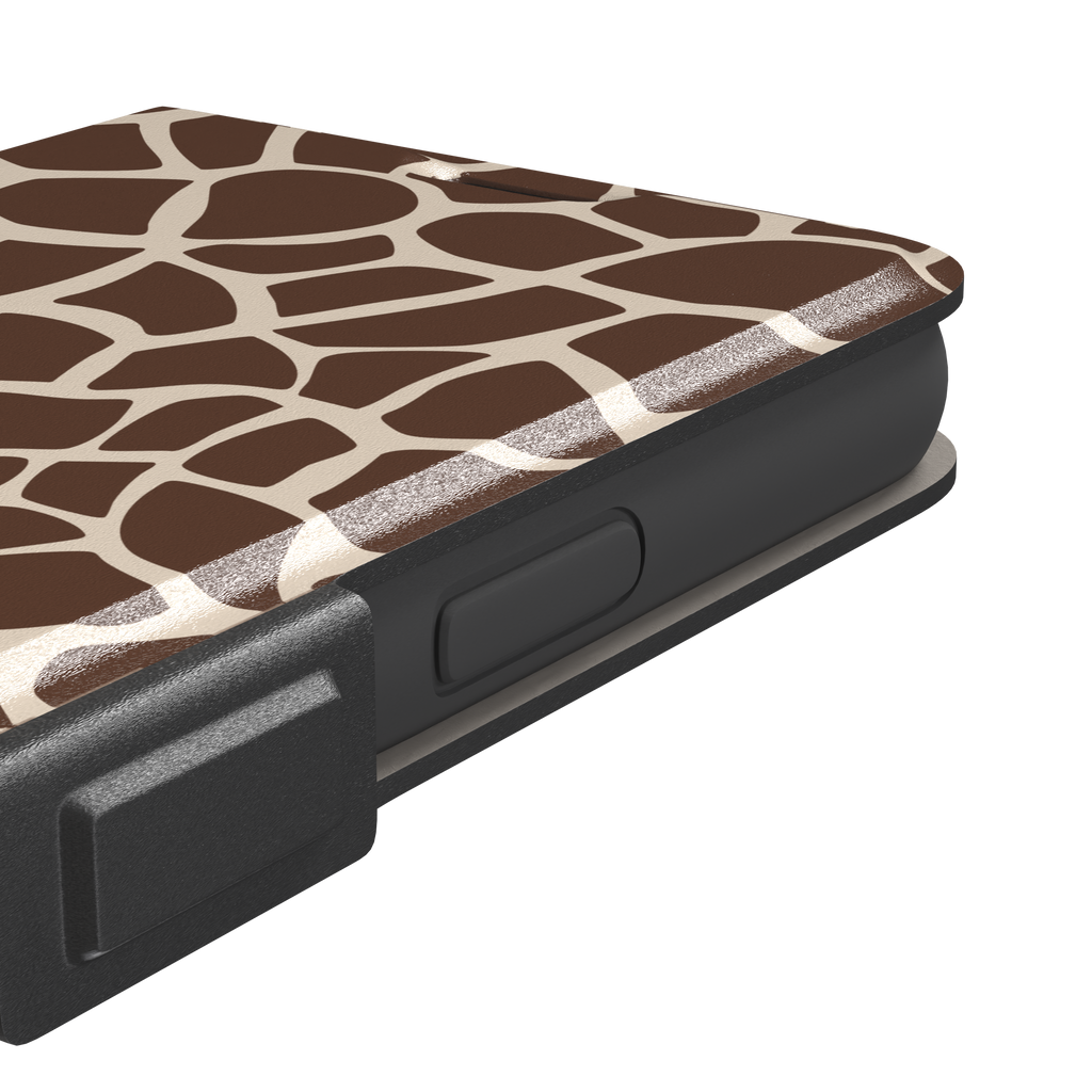 Giraffe print phone case in deeper chocolate brown and cream mosaic pattern, darker color variant, phone case by Caselier — wallet case, volume buttons detail