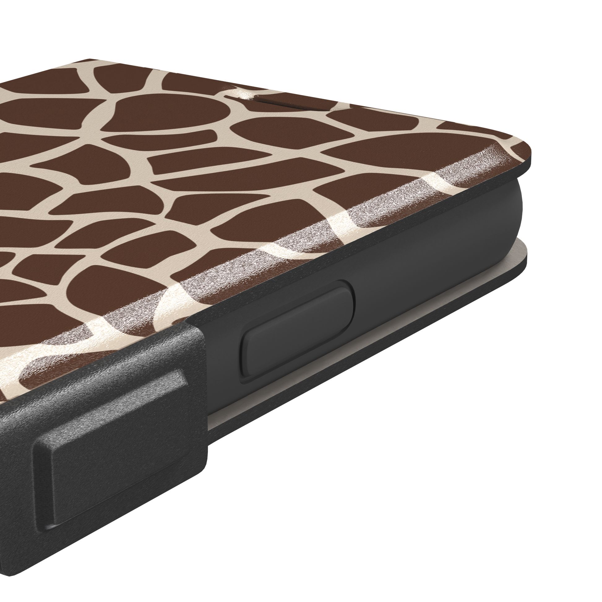 Giraffe print phone case in deeper chocolate brown and cream mosaic pattern, darker color variant, phone case by Caselier — wallet case, volume buttons detail