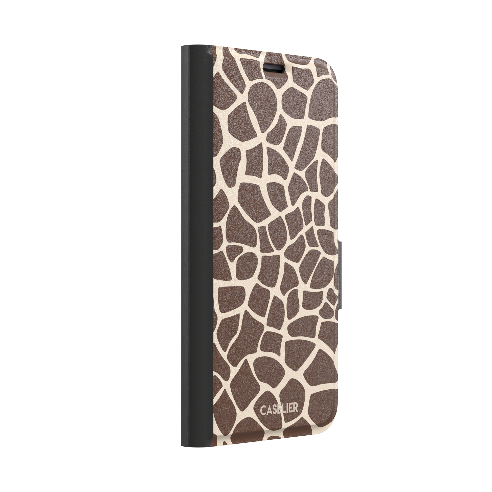Giraffe print phone case in deeper chocolate brown and cream mosaic pattern, darker color variant, phone case by Caselier — wallet case, left view