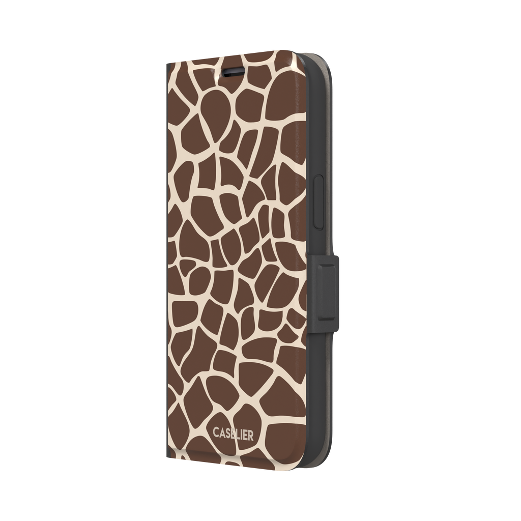 Giraffe print phone case in deeper chocolate brown and cream mosaic pattern, darker color variant, phone case by Caselier — wallet case, right view