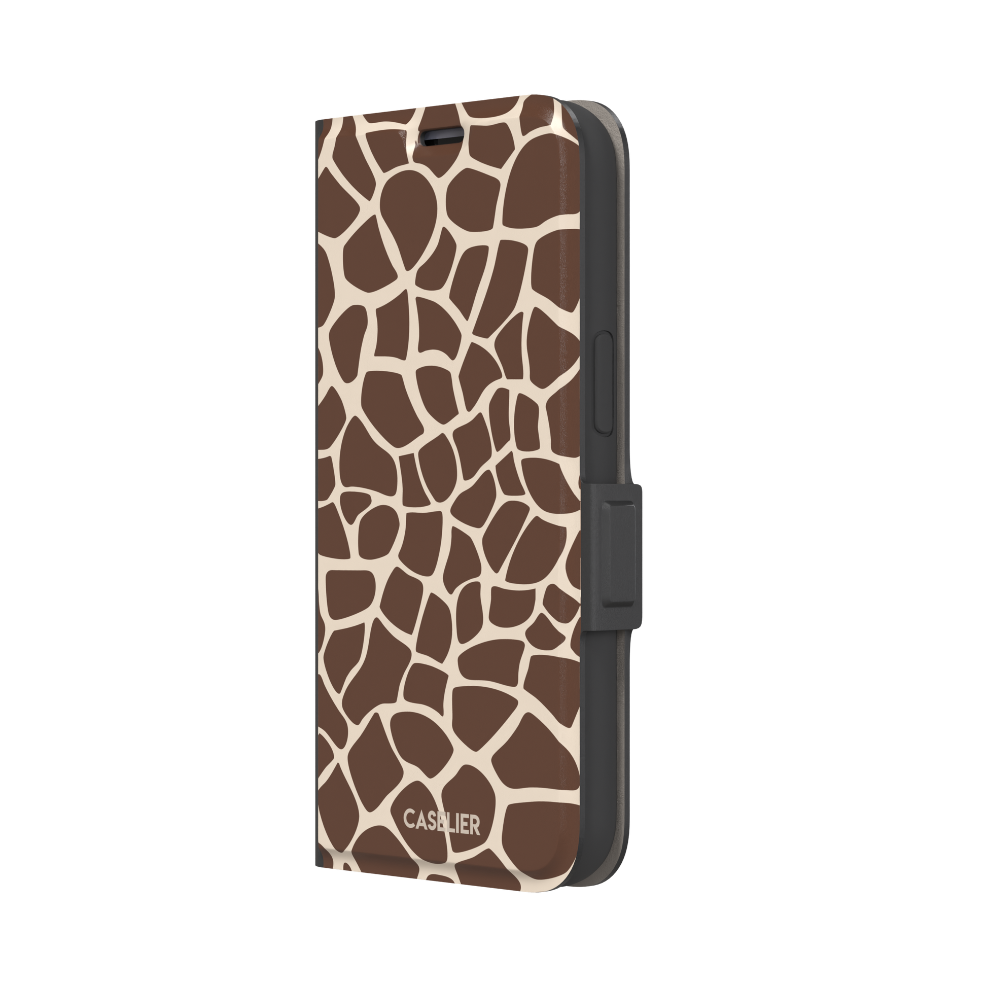Giraffe print phone case in deeper chocolate brown and cream mosaic pattern, darker color variant, phone case by Caselier — wallet case, right view