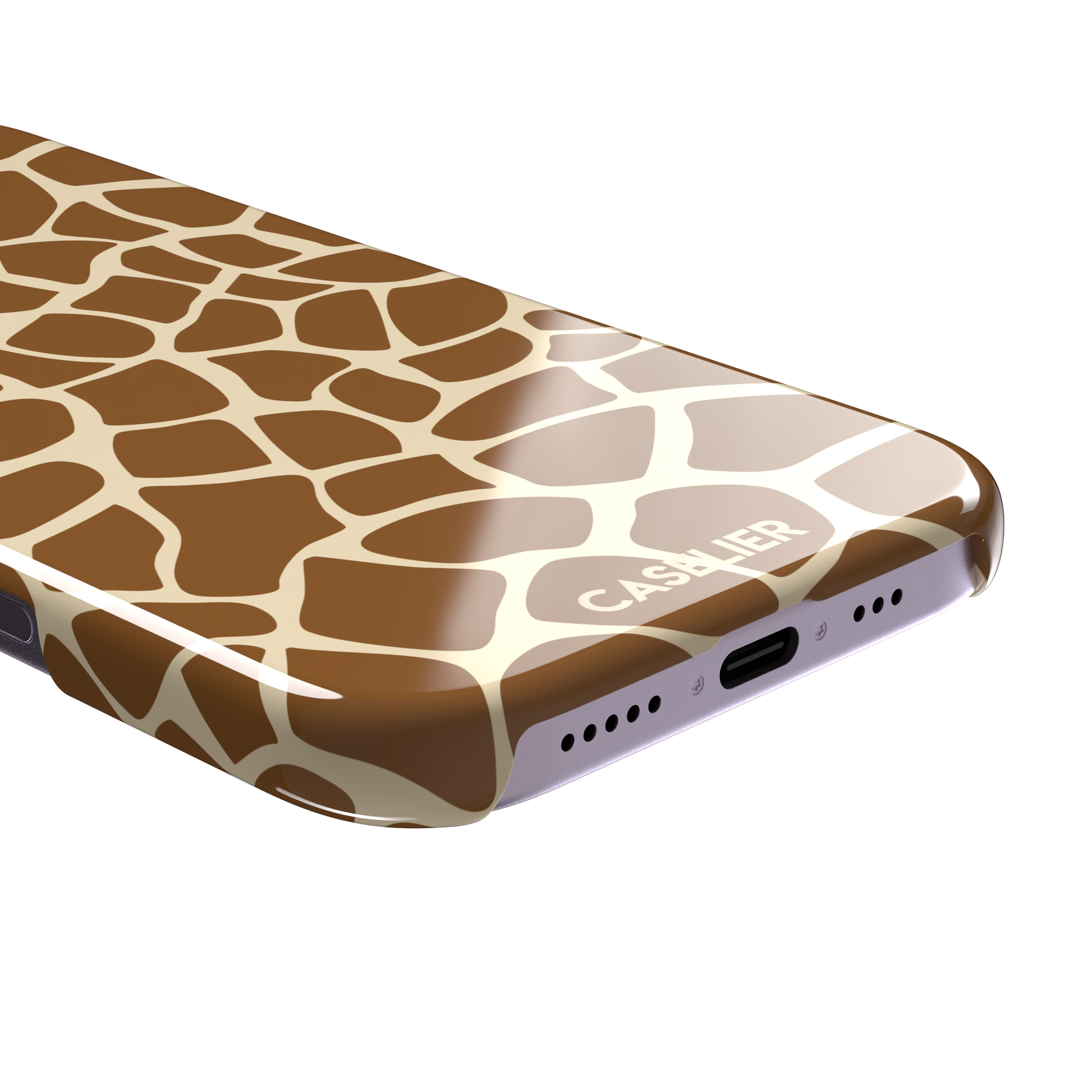 Giraffe print phone case in golden brown and cream mosaic pattern, phone case by Caselier — snap case, charging port detail